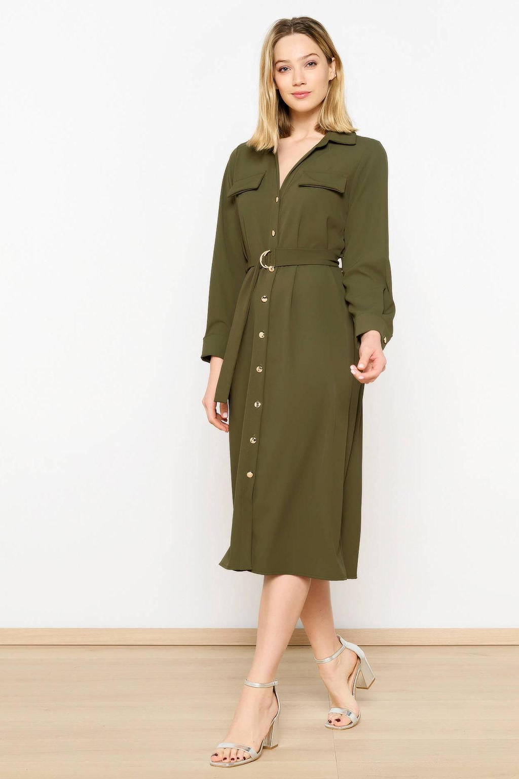 Kakikleurige dames LOLALIZA blousejurk van polyester met effen, lange mouwen, klassieke kraag, knoopsluiting en ceintuur