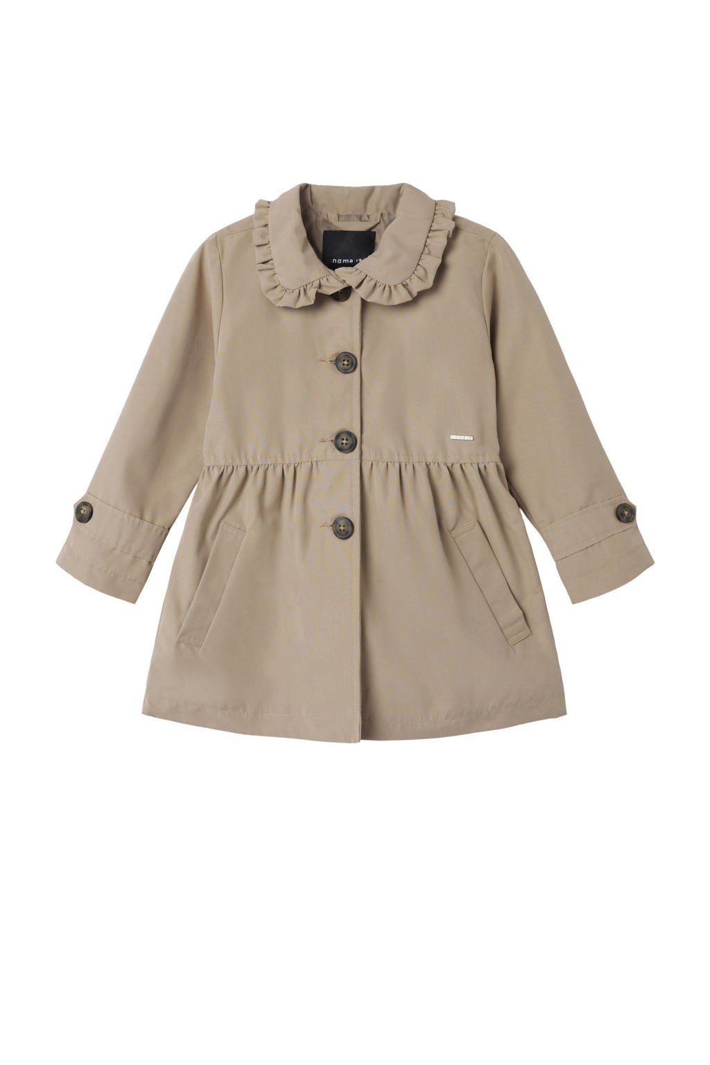 Bruine meisjes NAME IT MINI coat zomer van polyester met effen, lange mouwen, klassieke kraag en ruches