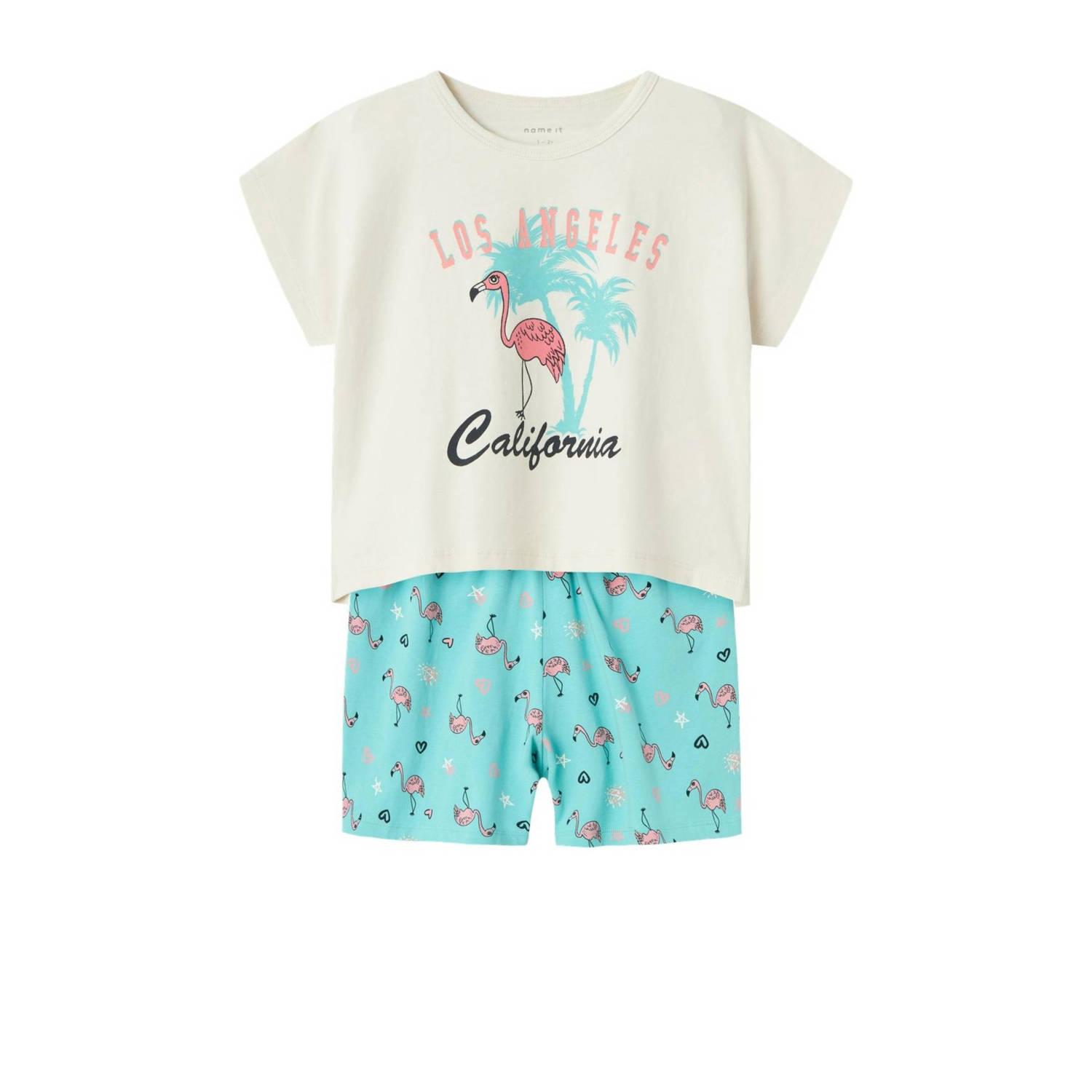 Name it KIDS shortama NKFNIGHTSET met all over print zeeblauw ecru Meisjes Stretchkatoen Ronde hals 110 116