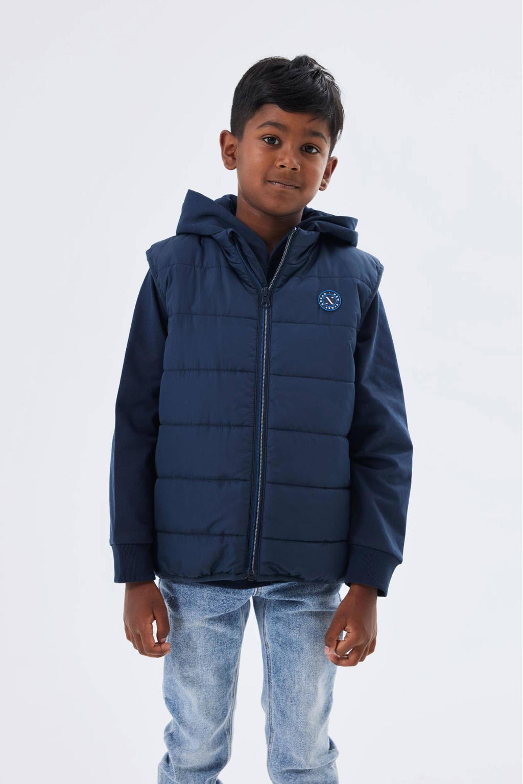 Donkerblauwe jongens NAME IT KIDS bodywarmer van polyester met effen, opstaande kraag en ritssluiting