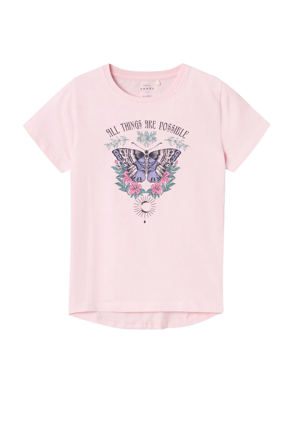 Roze meisjes NAME IT KIDS T-shirt van biologisch katoen met printopdruk, korte mouwen en ronde hals