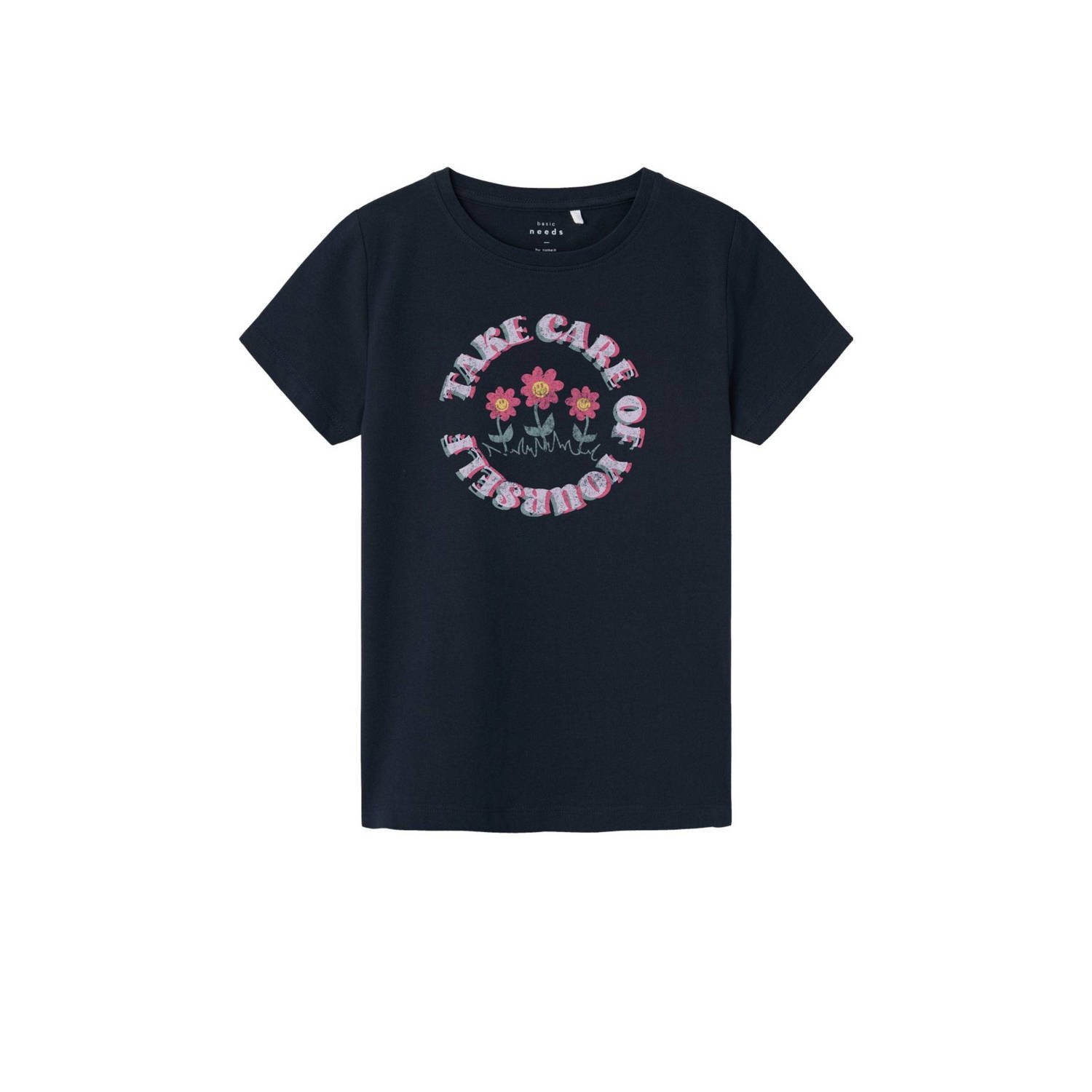 Name it KIDS T-shirt NKFVIX met printopdruk donkerblauw Meisjes Biologisch katoen Ronde hals 158 164