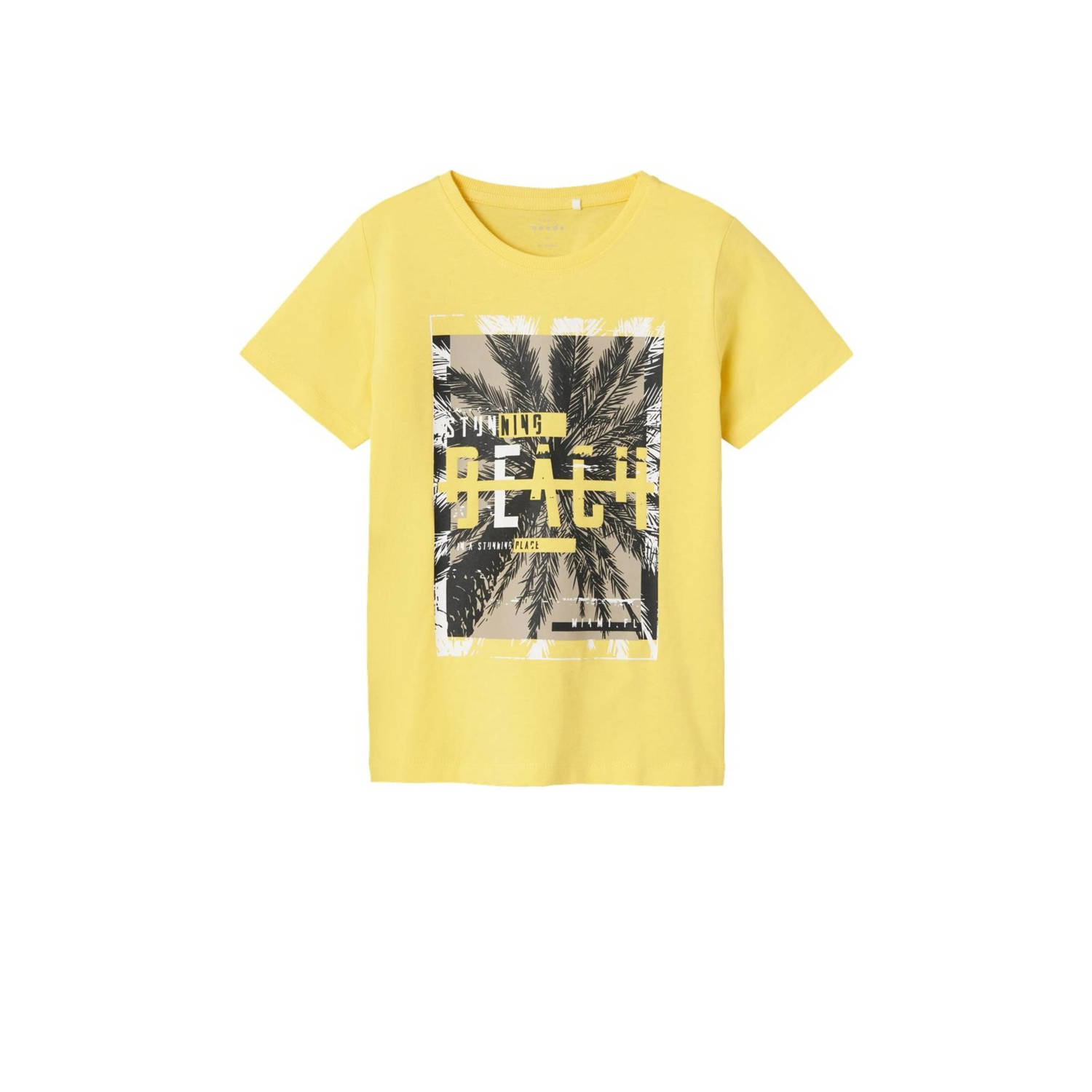 Name it KIDS T-shirt NKMVICTOR met printopdruk geel Jongens Katoen Ronde hals 122 128