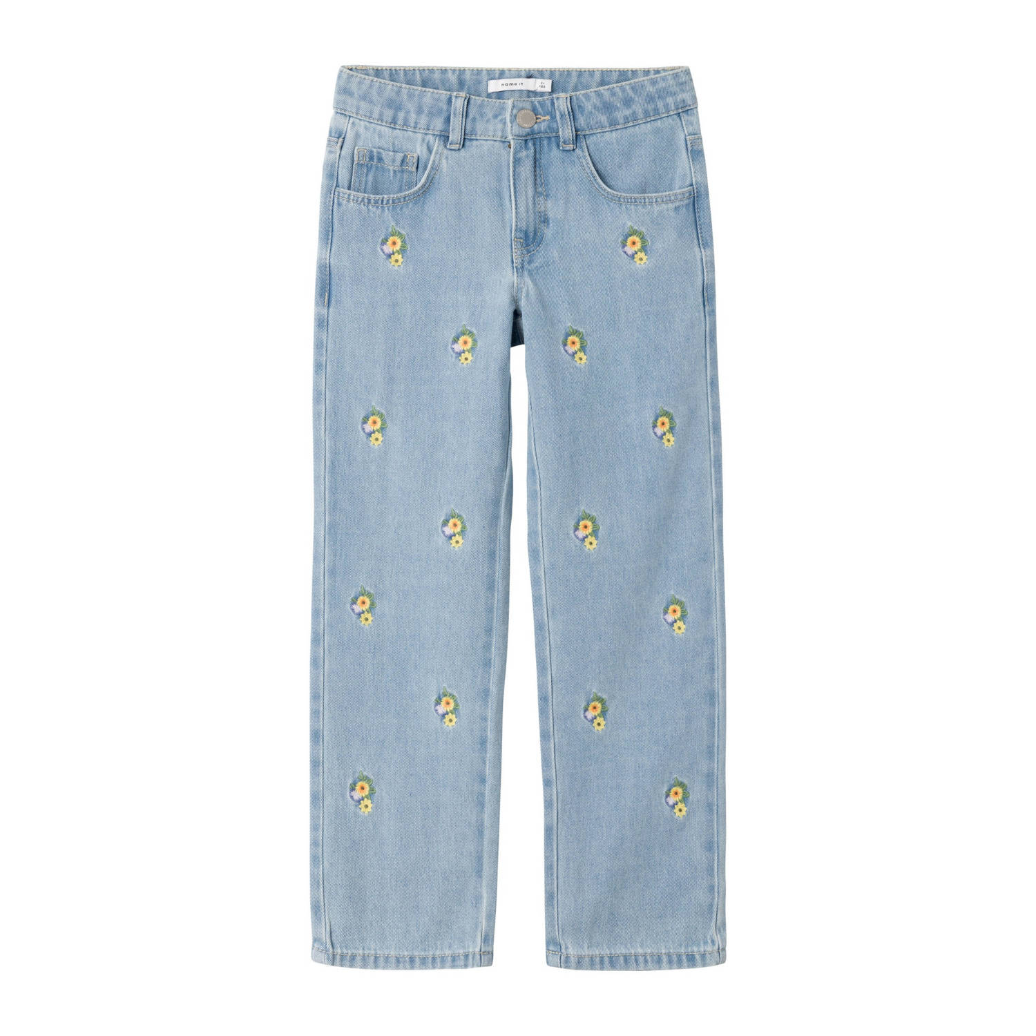 NAME IT KIDS gebloemde straight fit jeans NKFROSE light blue denim