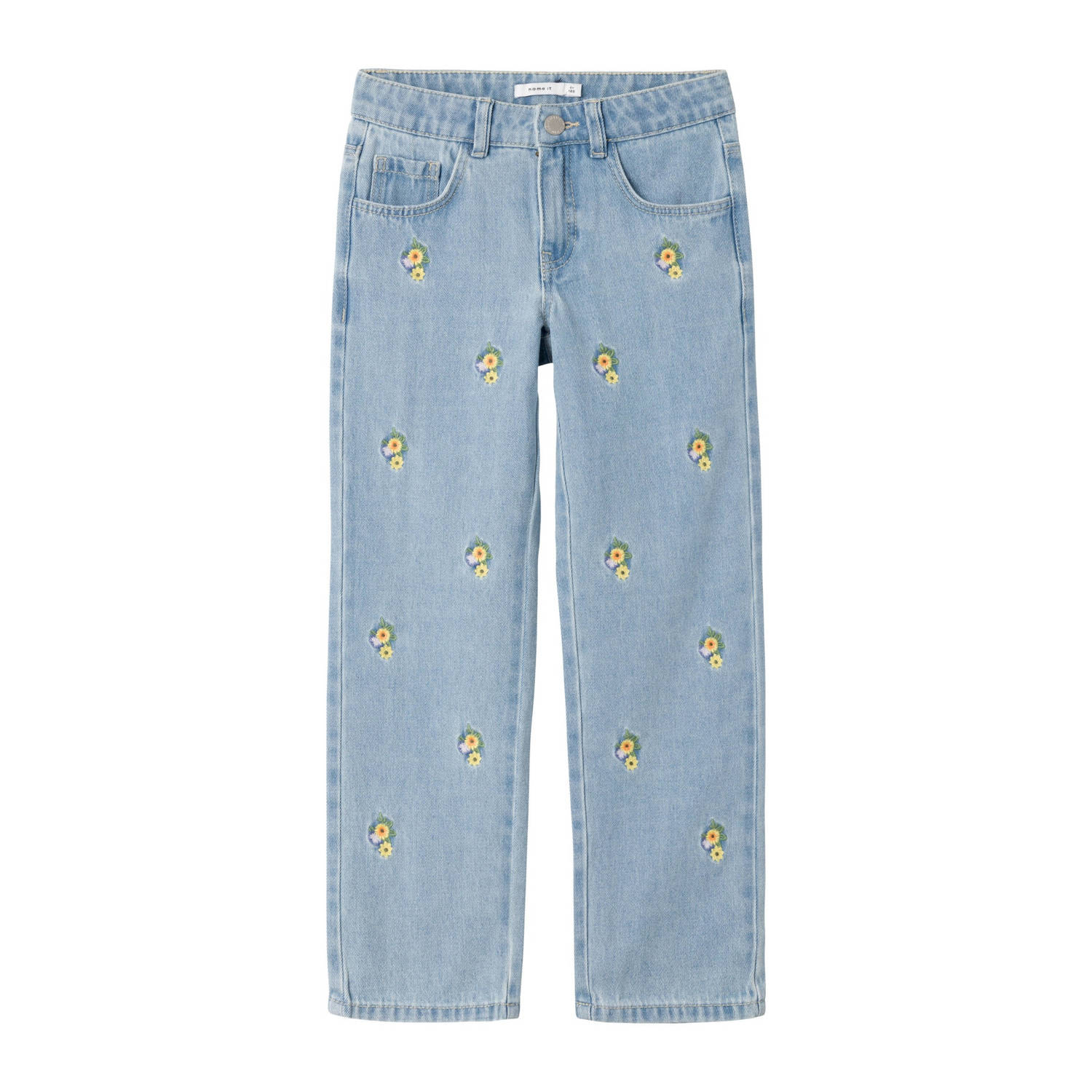Name it KIDS gebloemde straight fit jeans NKFROSE light blue denim Blauw Meisjes Stretchdenim 116