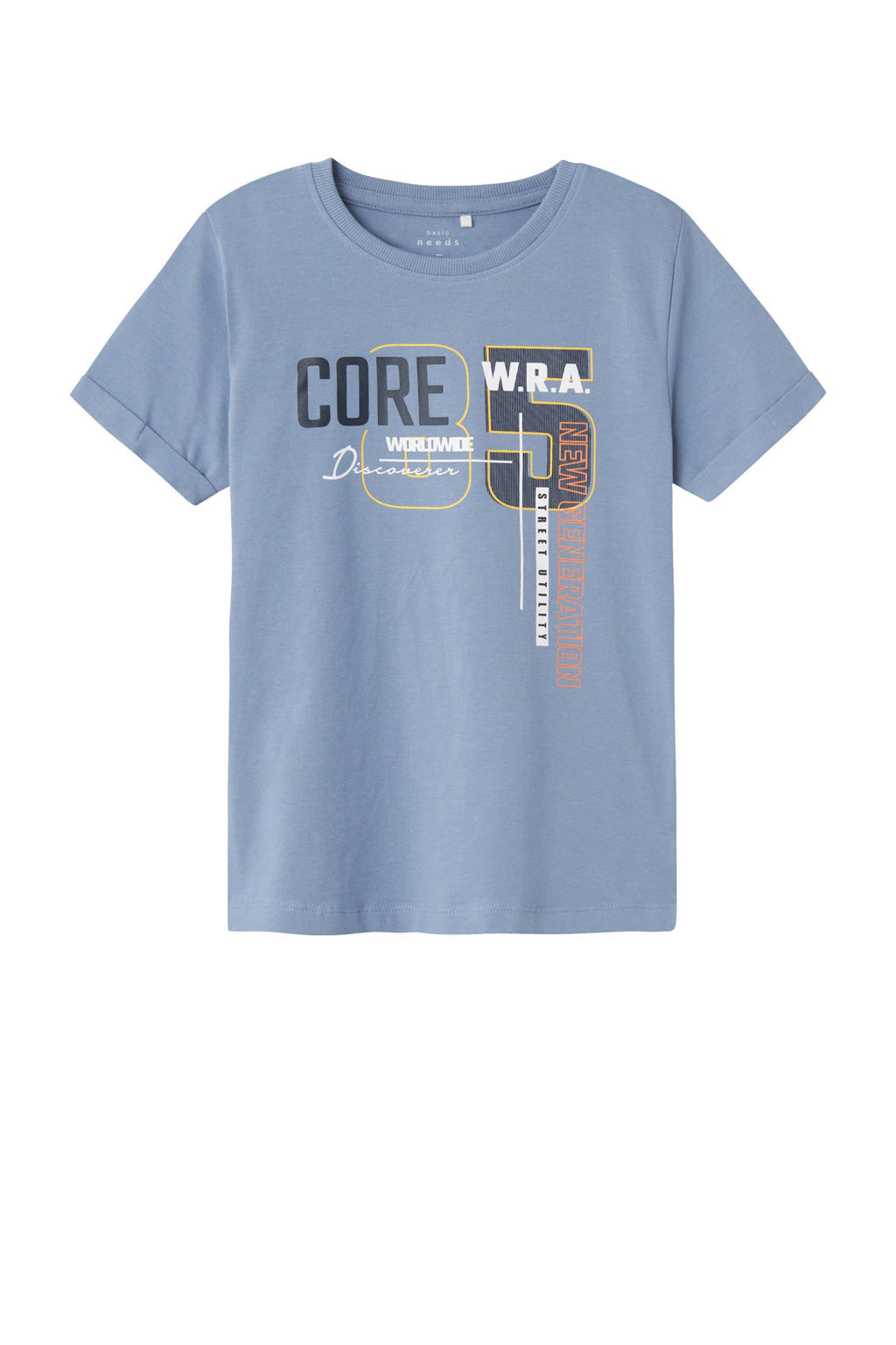 Blauwe jongens NAME IT KIDS T-shirt van stretchkatoen met printopdruk, korte mouwen en ronde hals