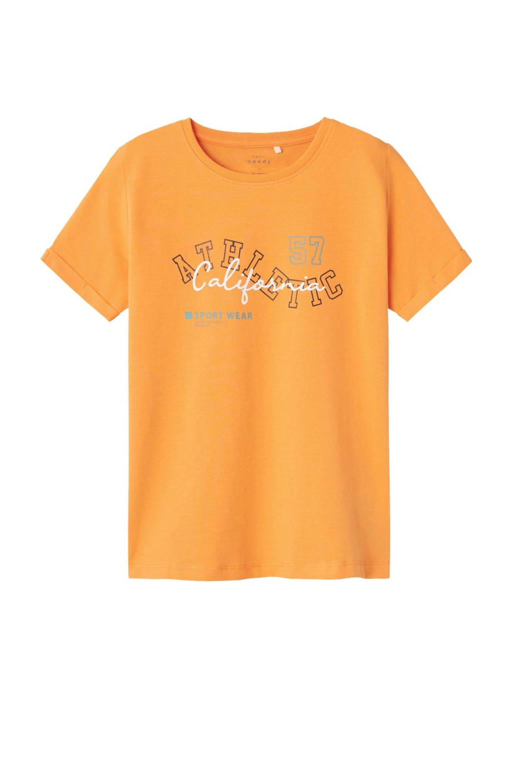 Oranje jongens NAME IT KIDS T-shirt van stretchkatoen met printopdruk, korte mouwen en ronde hals
