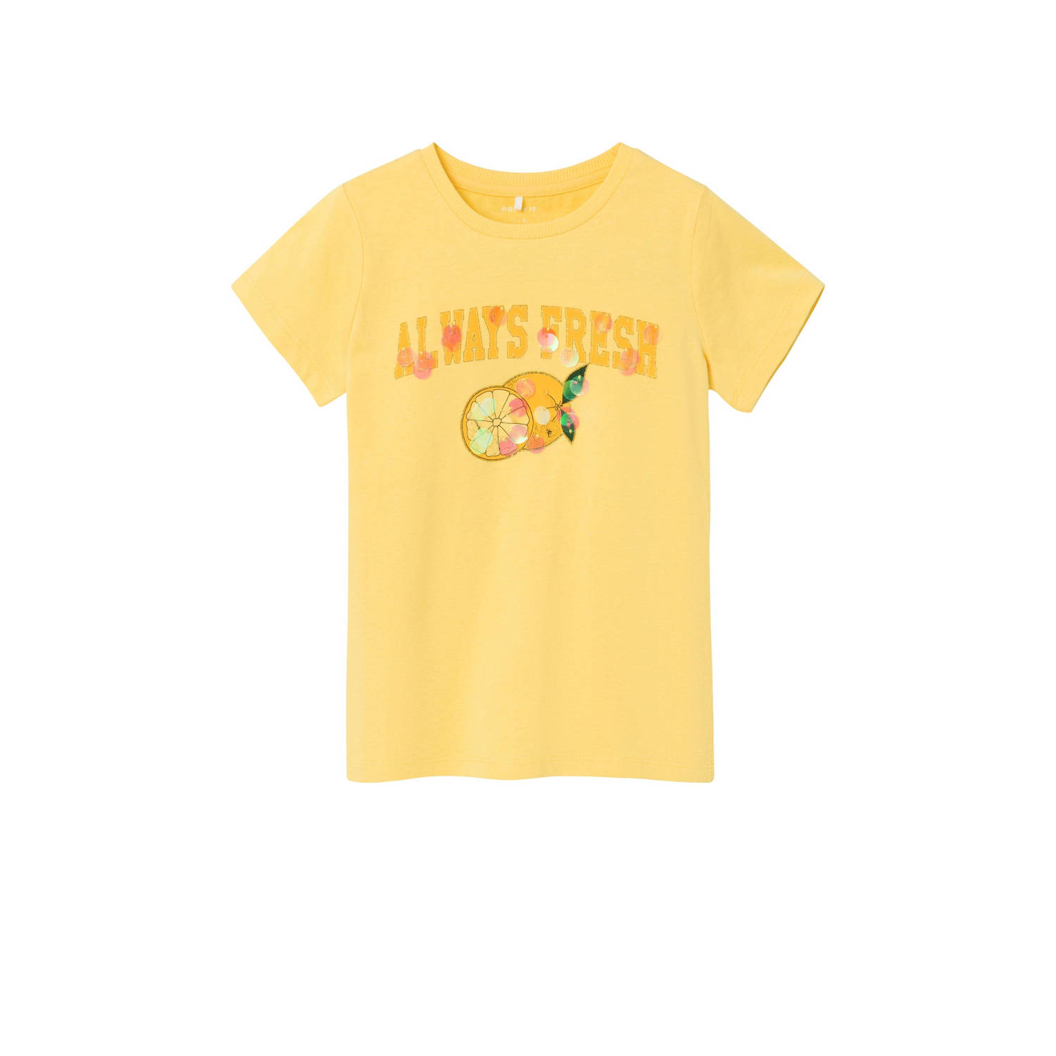 Name it KIDS T-shirt NKFDATRUNTE met printopdruk geel Meisjes Biologisch katoen Ronde hals 122 128
