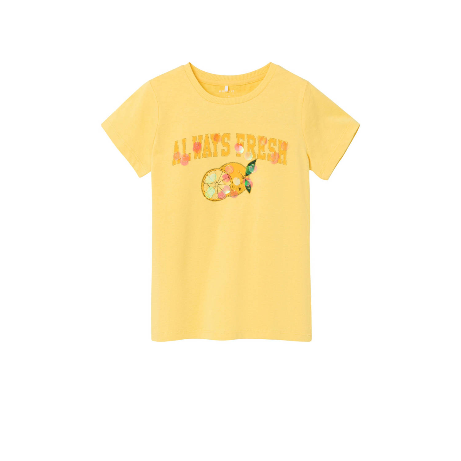 Name it KIDS T-shirt NKFDATRUNTE met printopdruk geel Meisjes Katoen Ronde hals 122 128