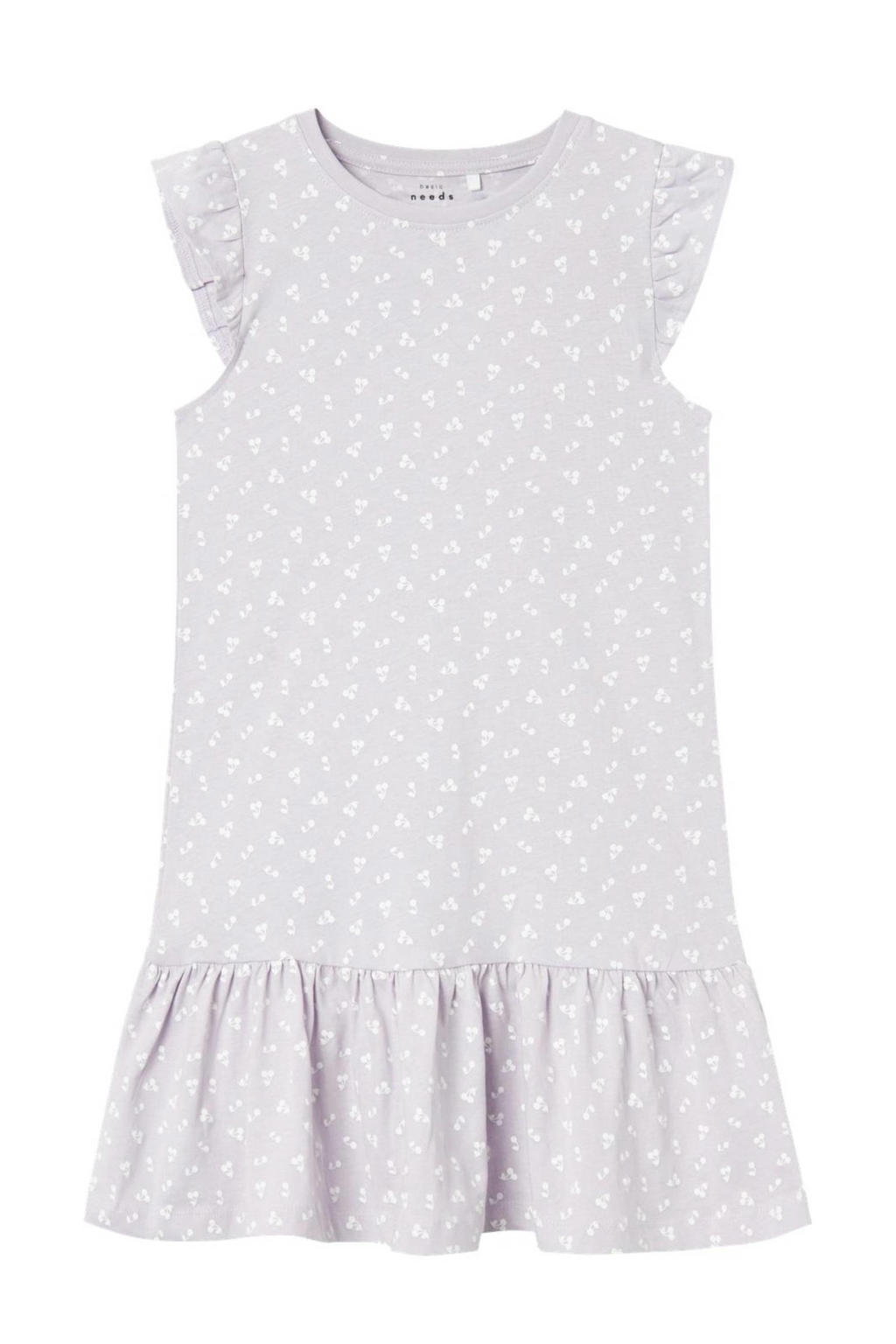 Lila en witte meisjes NAME IT KIDS A-lijn jurk met volant van katoen met korte mouwen en ronde hals