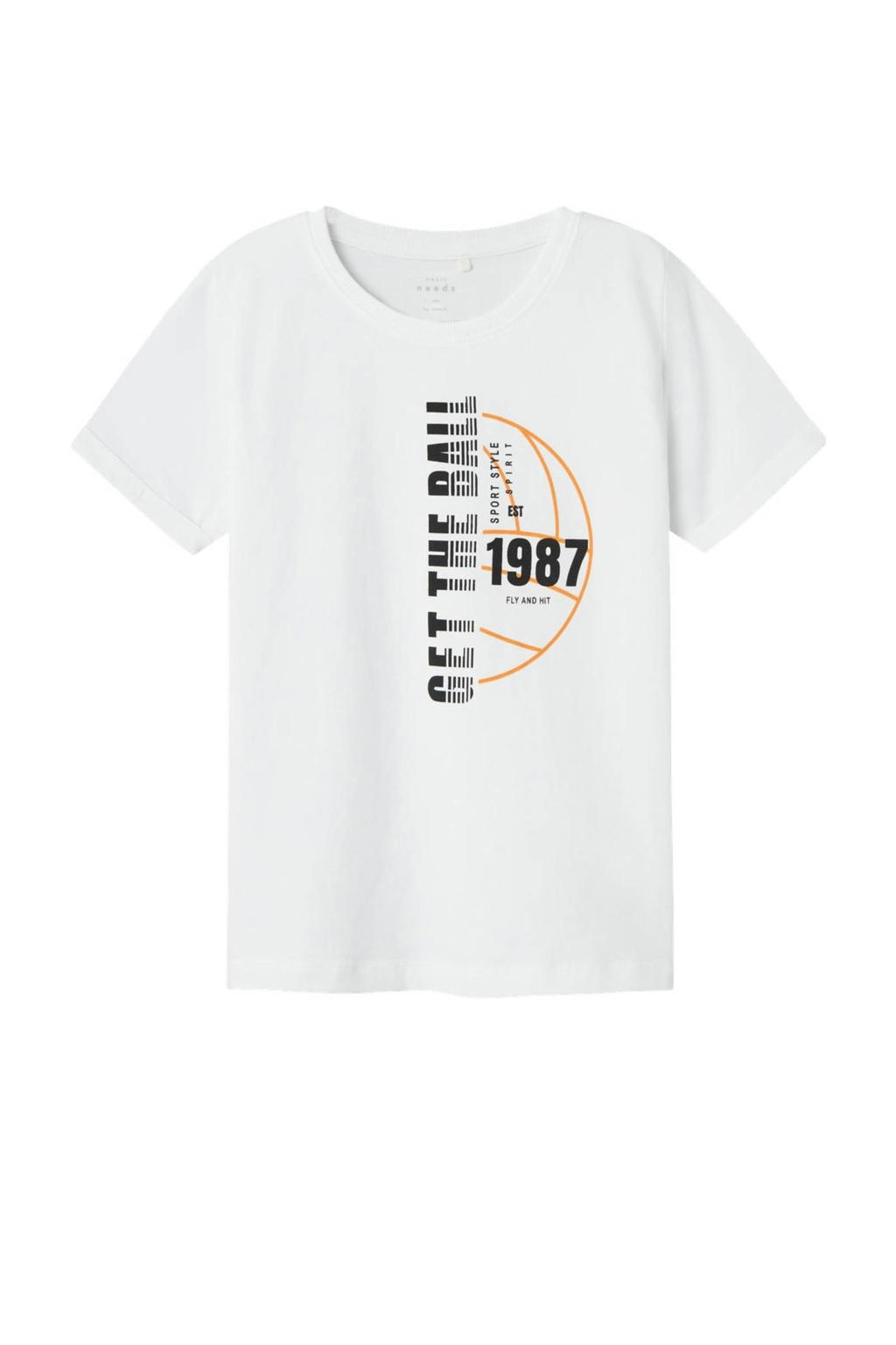 Wit en oranje jongens NAME IT KIDS T-shirt van stretchkatoen met printopdruk, korte mouwen en ronde hals
