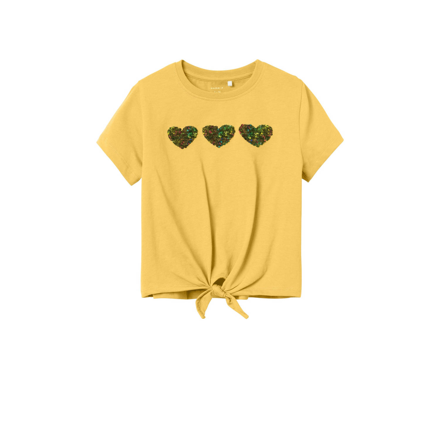 Name it KIDS T-shirt NKFDOSTAR met printopdruk en pailletten geel Meisjes Katoen Ronde hals 122 128