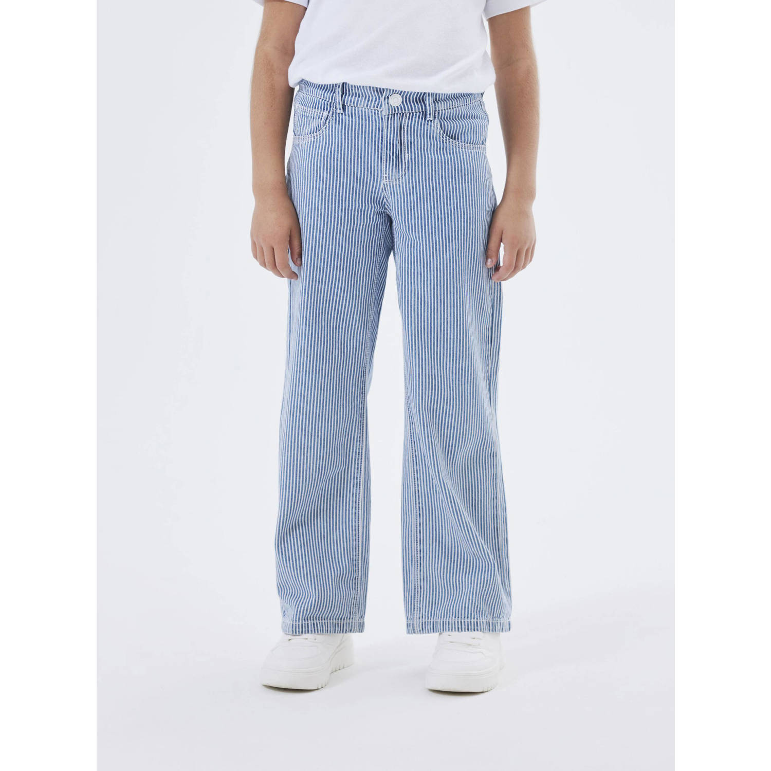 Name it KIDS gestreepte wide leg jeans NKFROSE medium blue denim Blauw 146