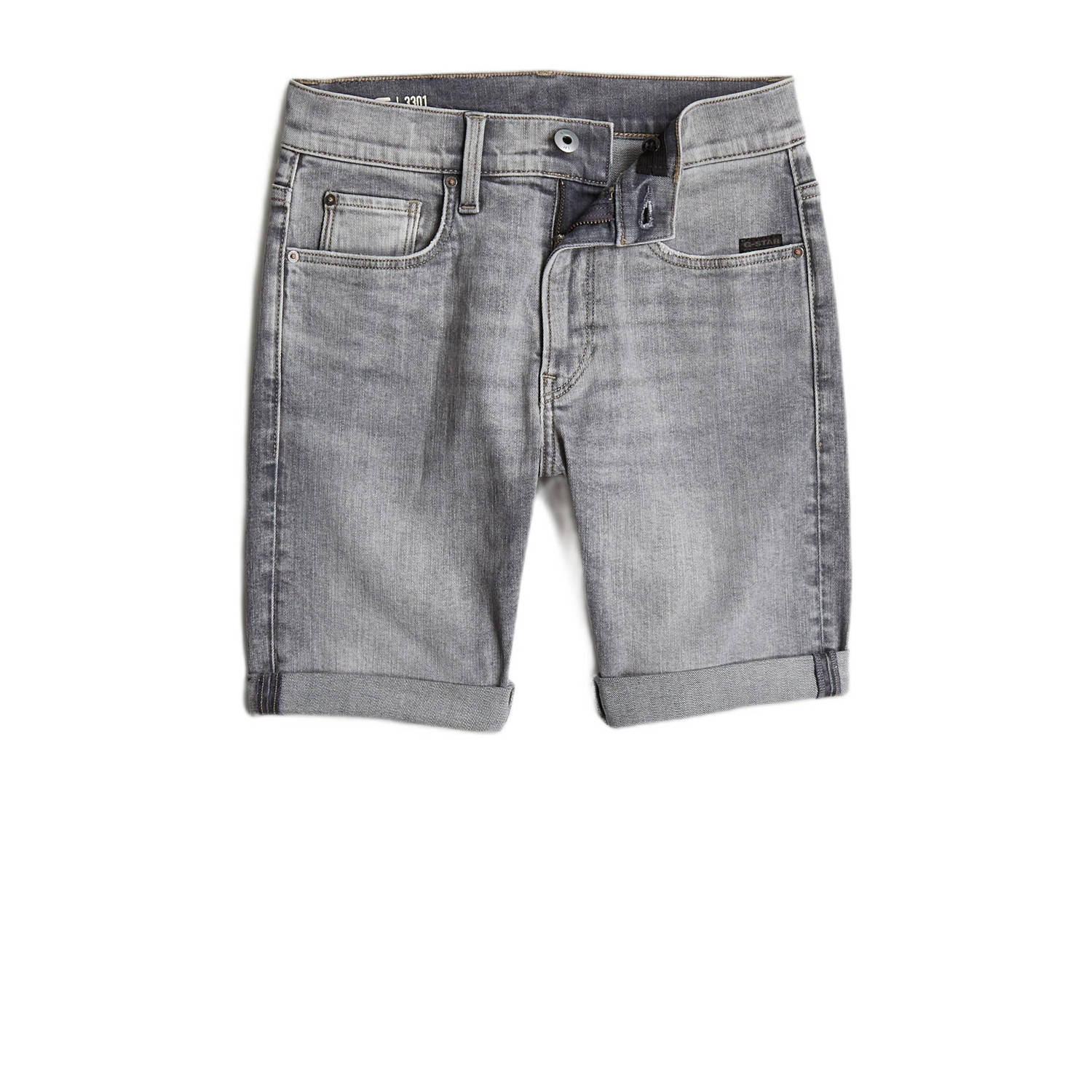 G-Star Raw 3301 slim shorts premium denim short faded grey neblina Korte broek Grijs Jongens Stretchdenim 116