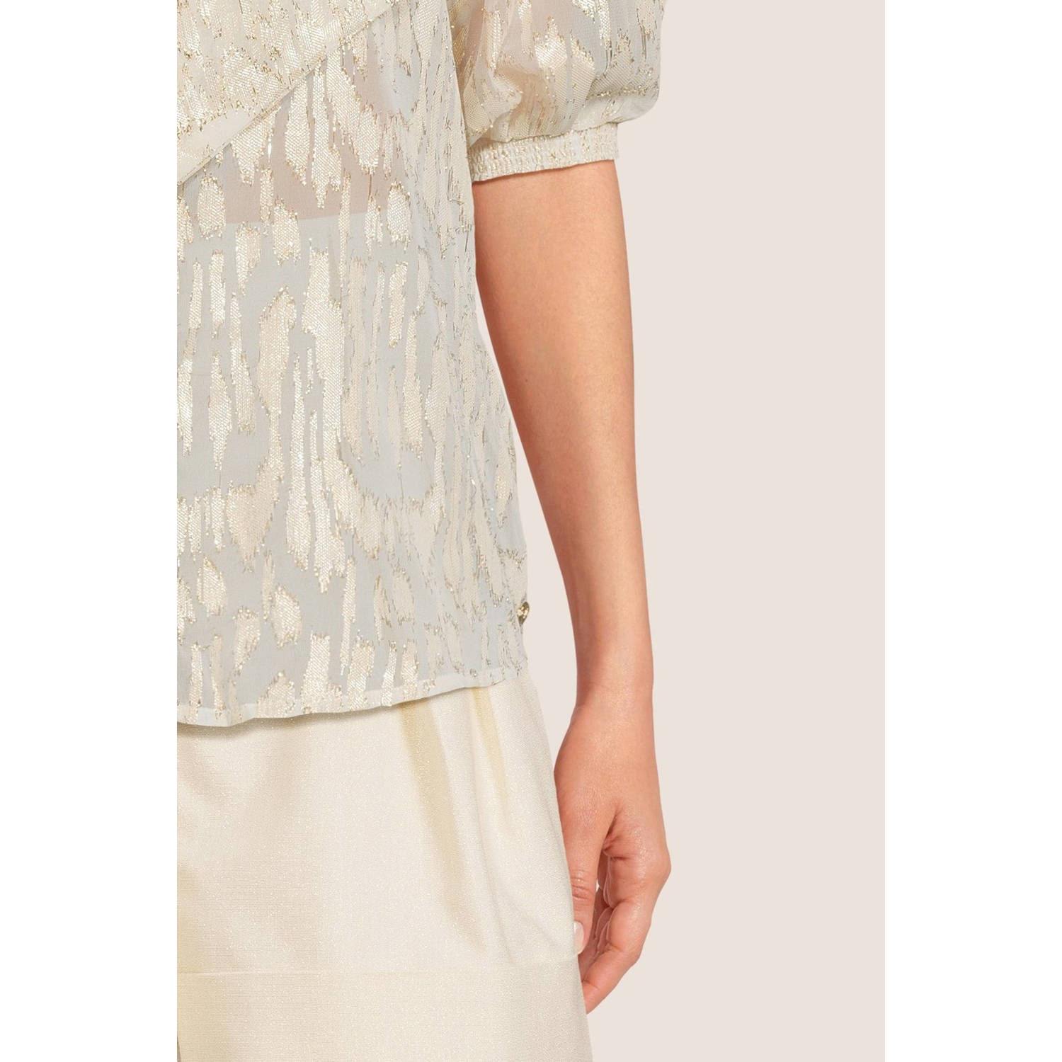 JOSH V blouse Cherise met panterprint en glitters zand goud