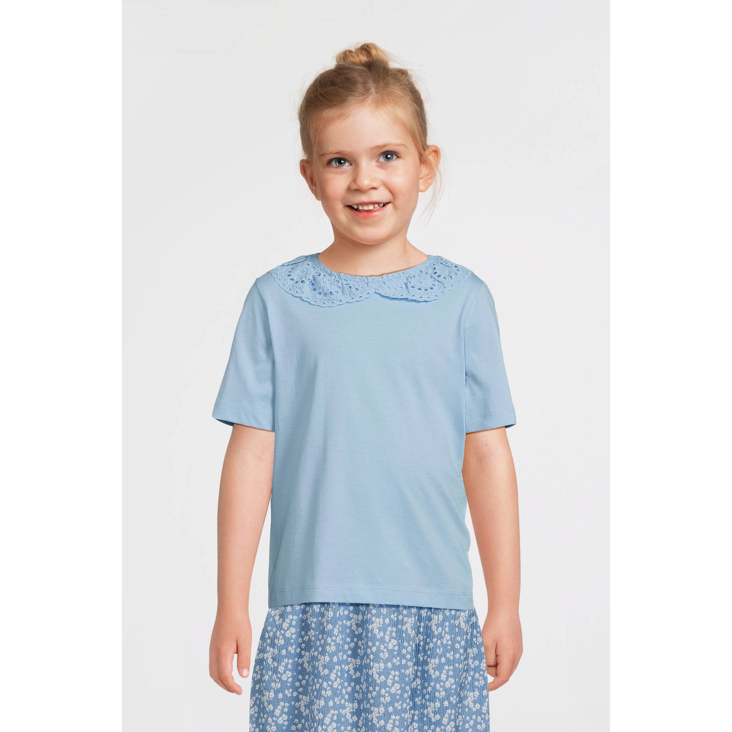 VERO MODA GIRL top VMPANNA GLENN lichtblauw Meisjes Katoen Peter Pan-kraag 134 140