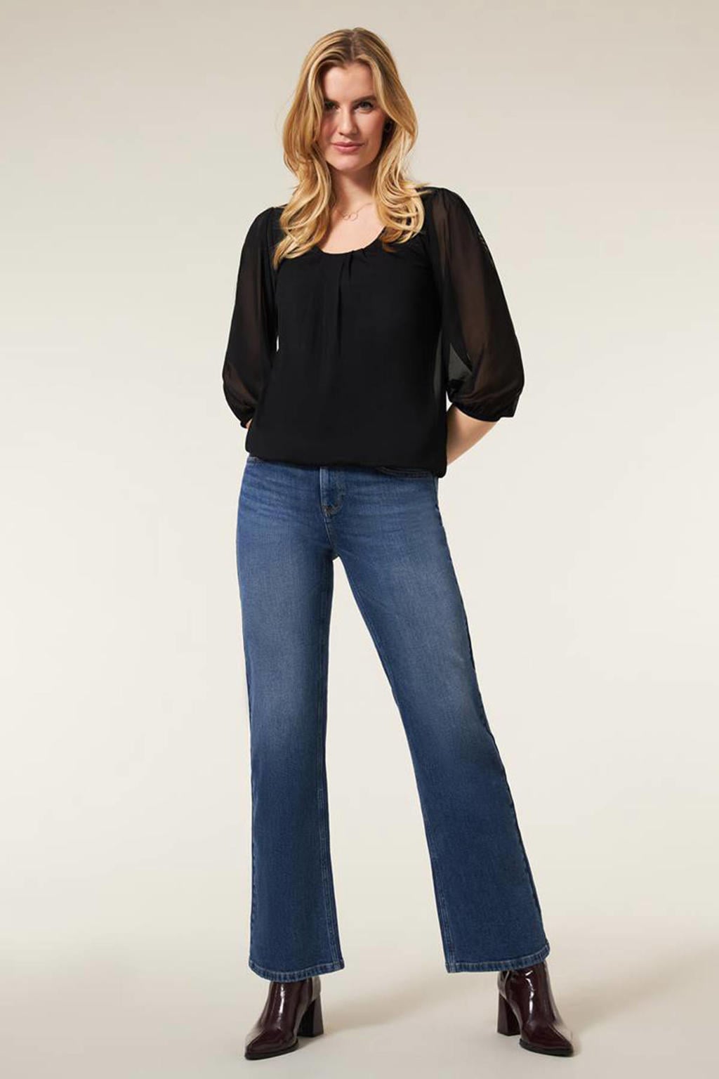 Medium blue denim dames Miss Etam wide leg jeans van stretchdenim met rits- en drukknoopsluiting en effen