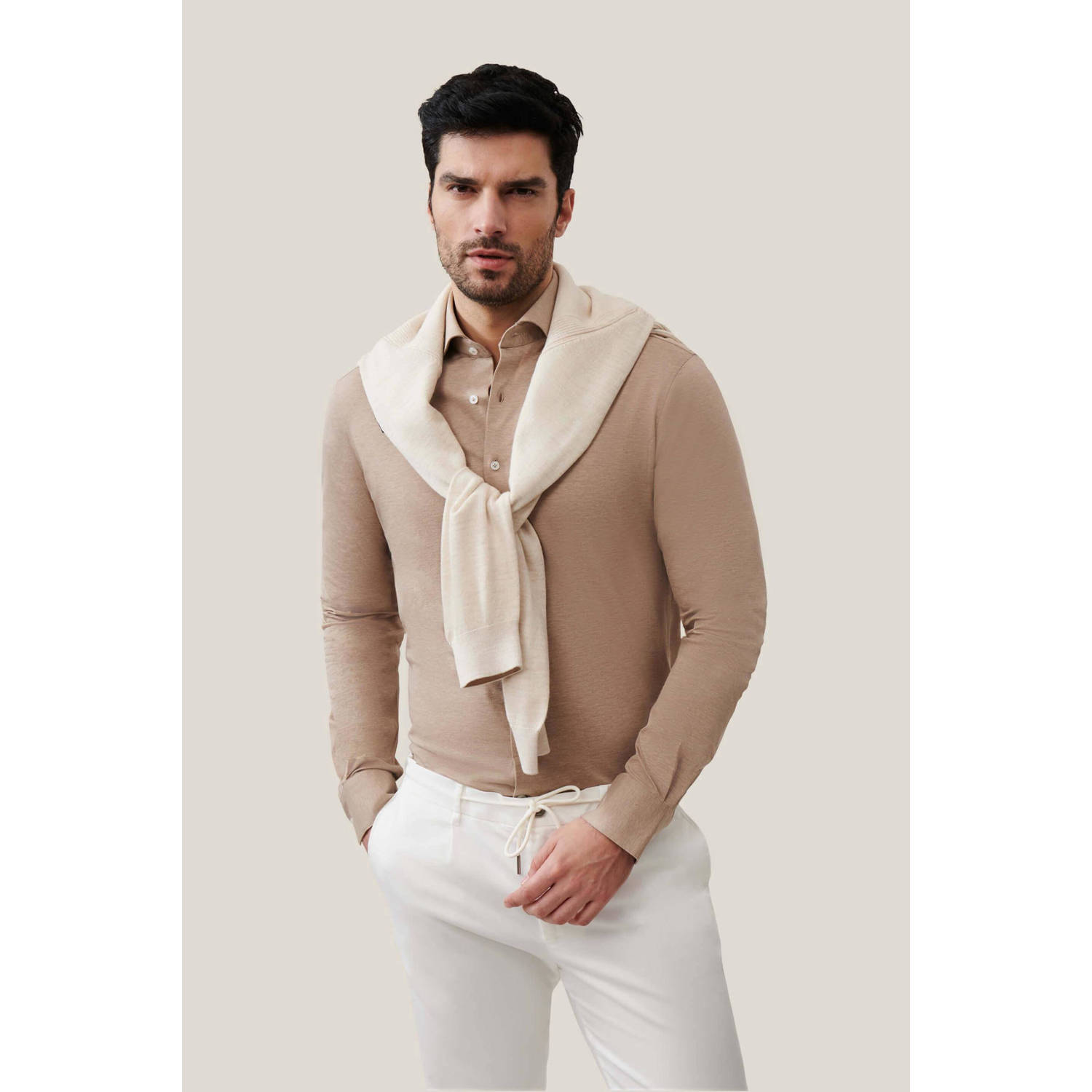Cavallaro Napoli gemêleerd slim fit overhemd Aconda beige
