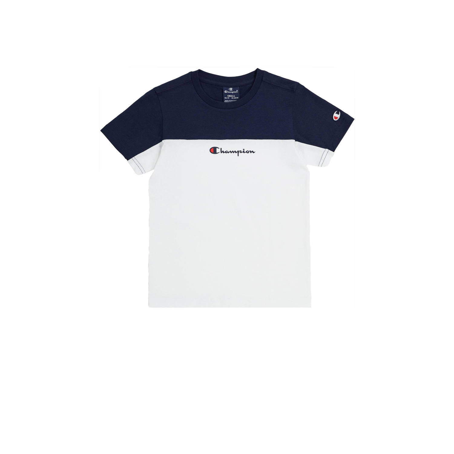 Champion T-shirt met logo wit donkerblauw Jongens Katoen Ronde hals Logo 122 128