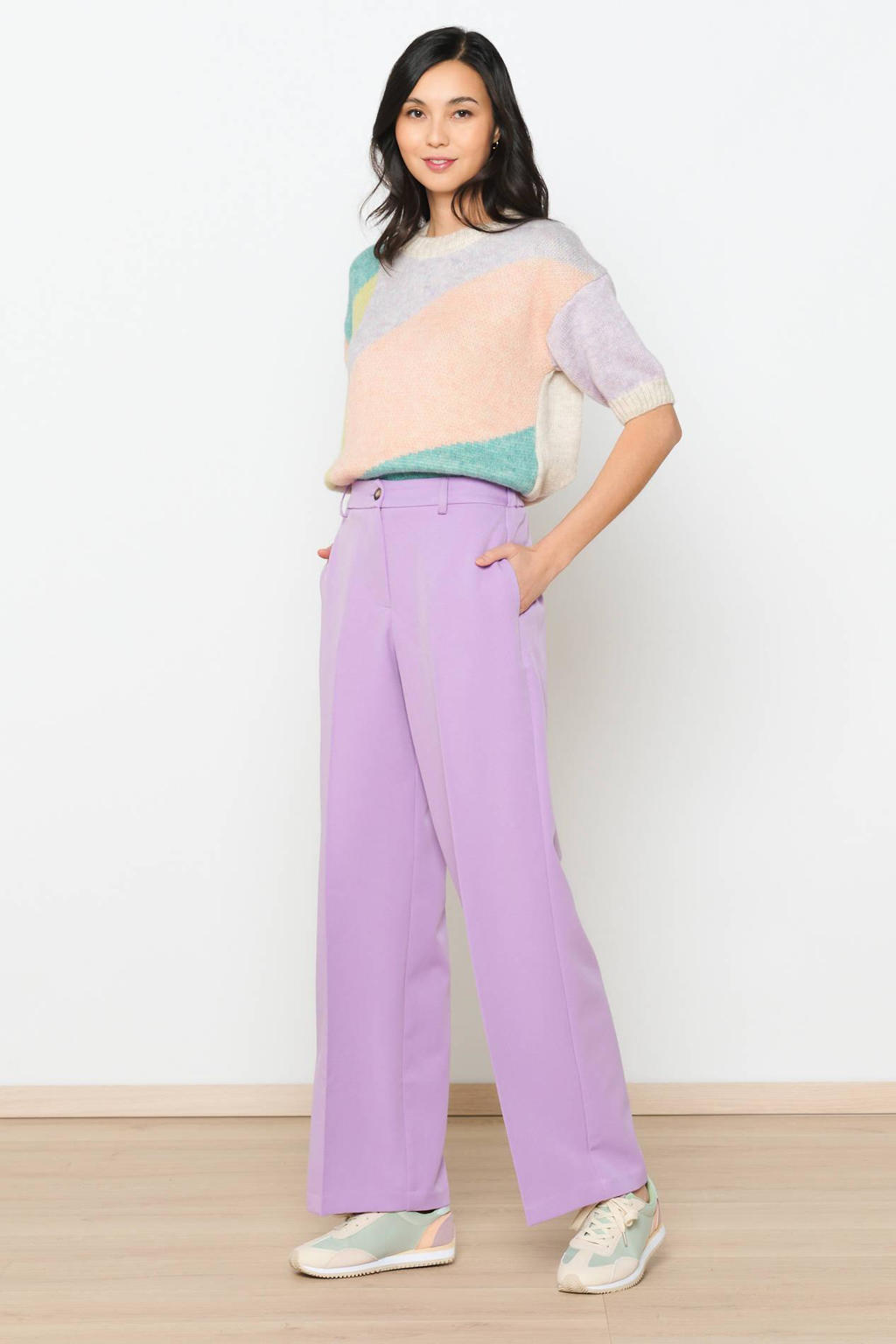 Lilakleurige dames LOLALIZA wide leg pantalon van polyester met regular waist, rits- en knoopsluiting en effen