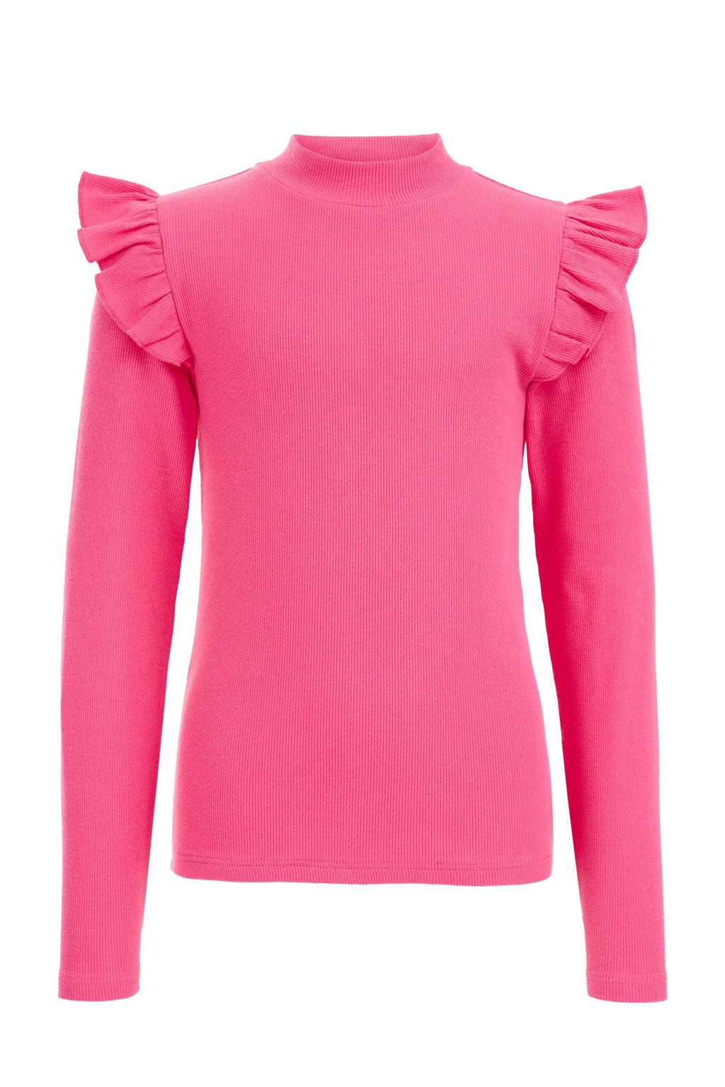 Roze meisjes WE Fashion longsleeve van stretchkatoen met effen, lange mouwen, ronde hals en ruches