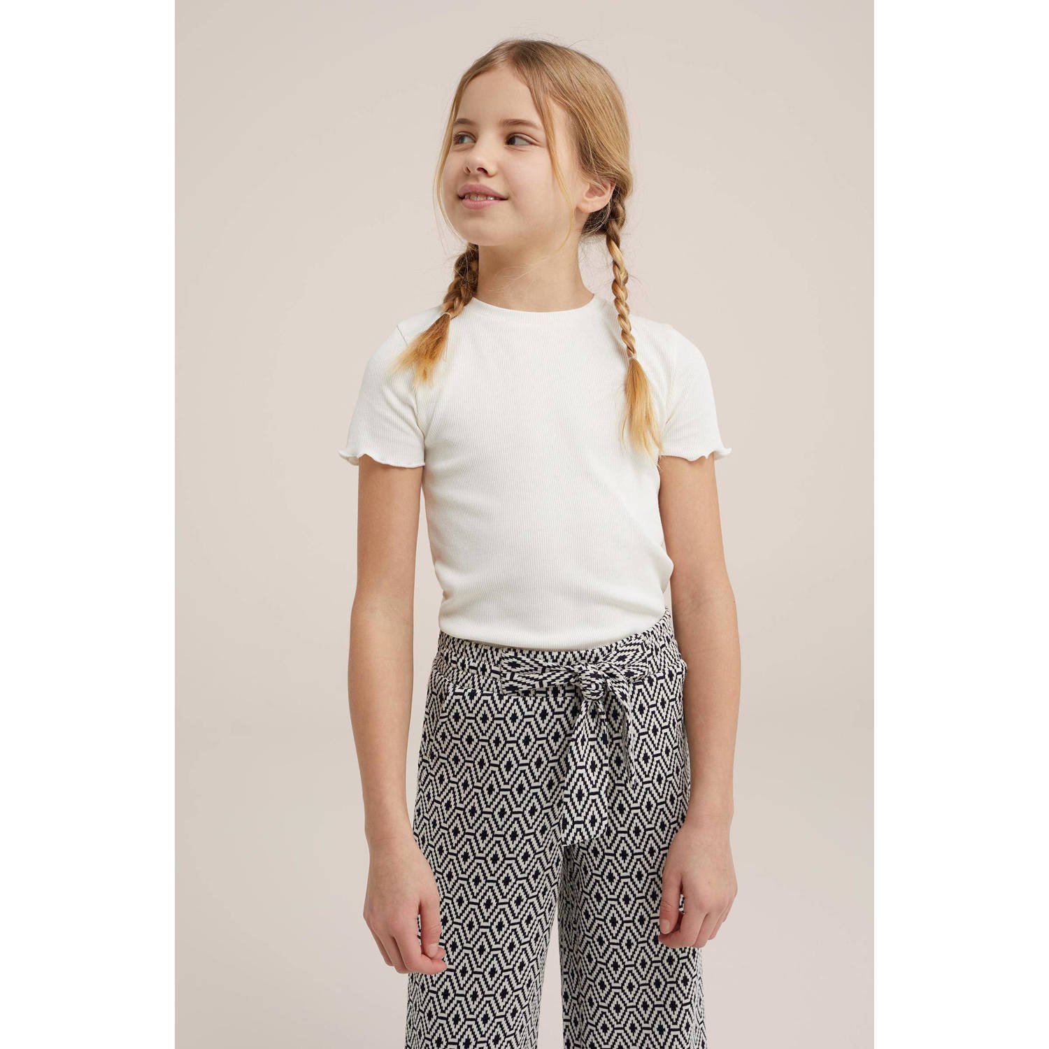 WE Fashion ribgebreid T-shirt offwhite Ecru Meisjes Katoen Ronde hals Effen 134 140