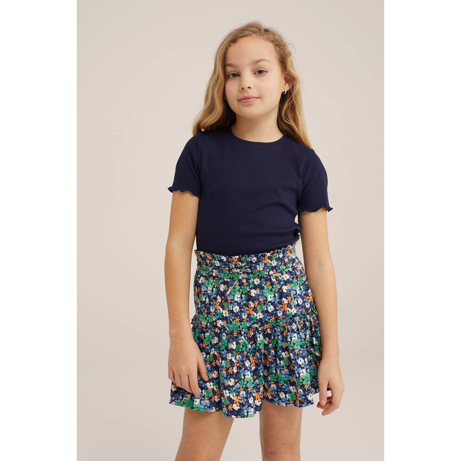 WE Fashion ribgebreid T-shirt blue nights Blauw Meisjes Katoen Ronde hals 122 128