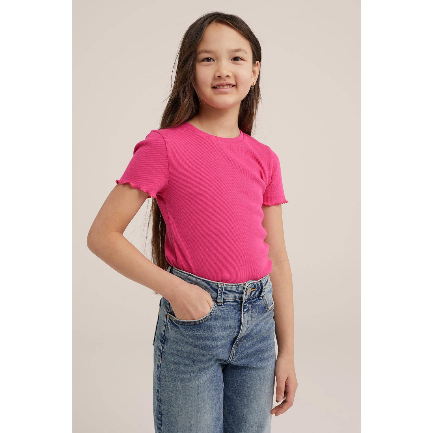 WE Fashion ribgebreid T-shirt intense pink Roze Meisjes Katoen Ronde hals 110 116