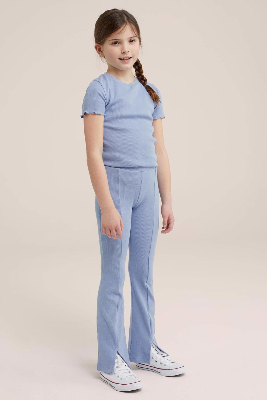 Blauwe meisjes WE Fashion ribgebreid T-shirt van katoen met effen, korte mouwen en ronde hals