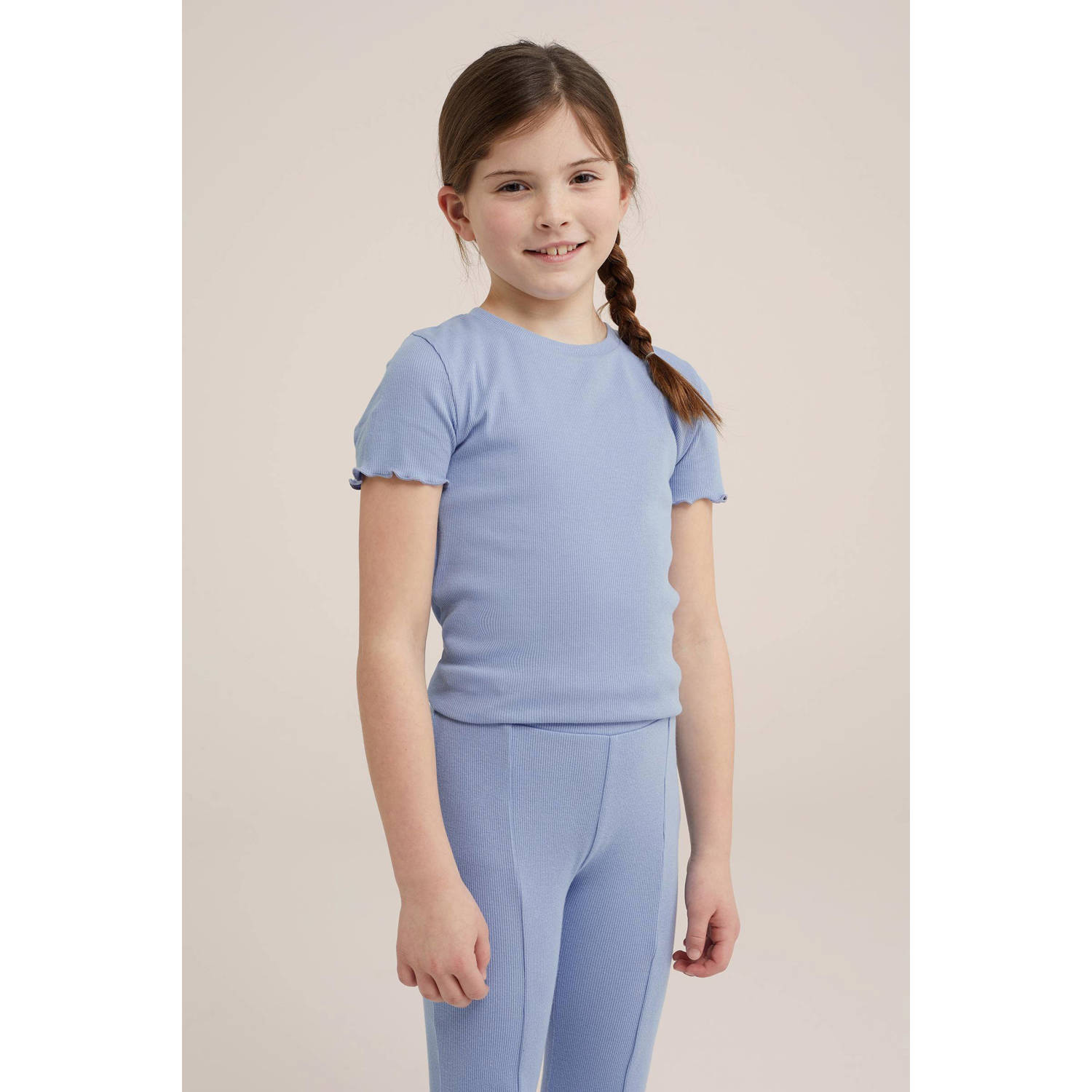 WE Fashion ribgebreid T-shirt nautical blue Blauw Meisjes Katoen Ronde hals 110 116