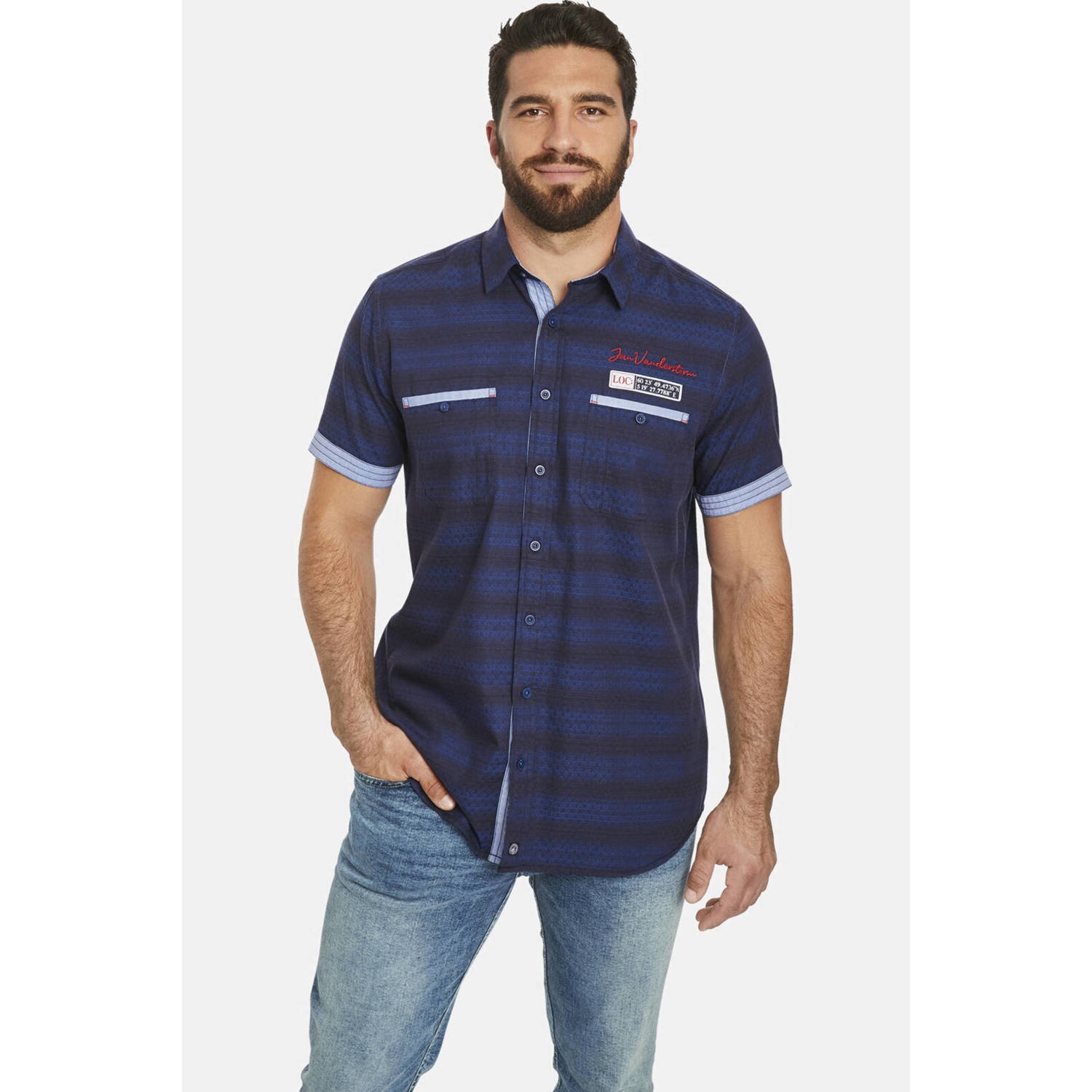 Jan Vanderstorm +FIT Collectie regular fit overhemd LEIKVARD Plus Size met printopdruk donkerblauw