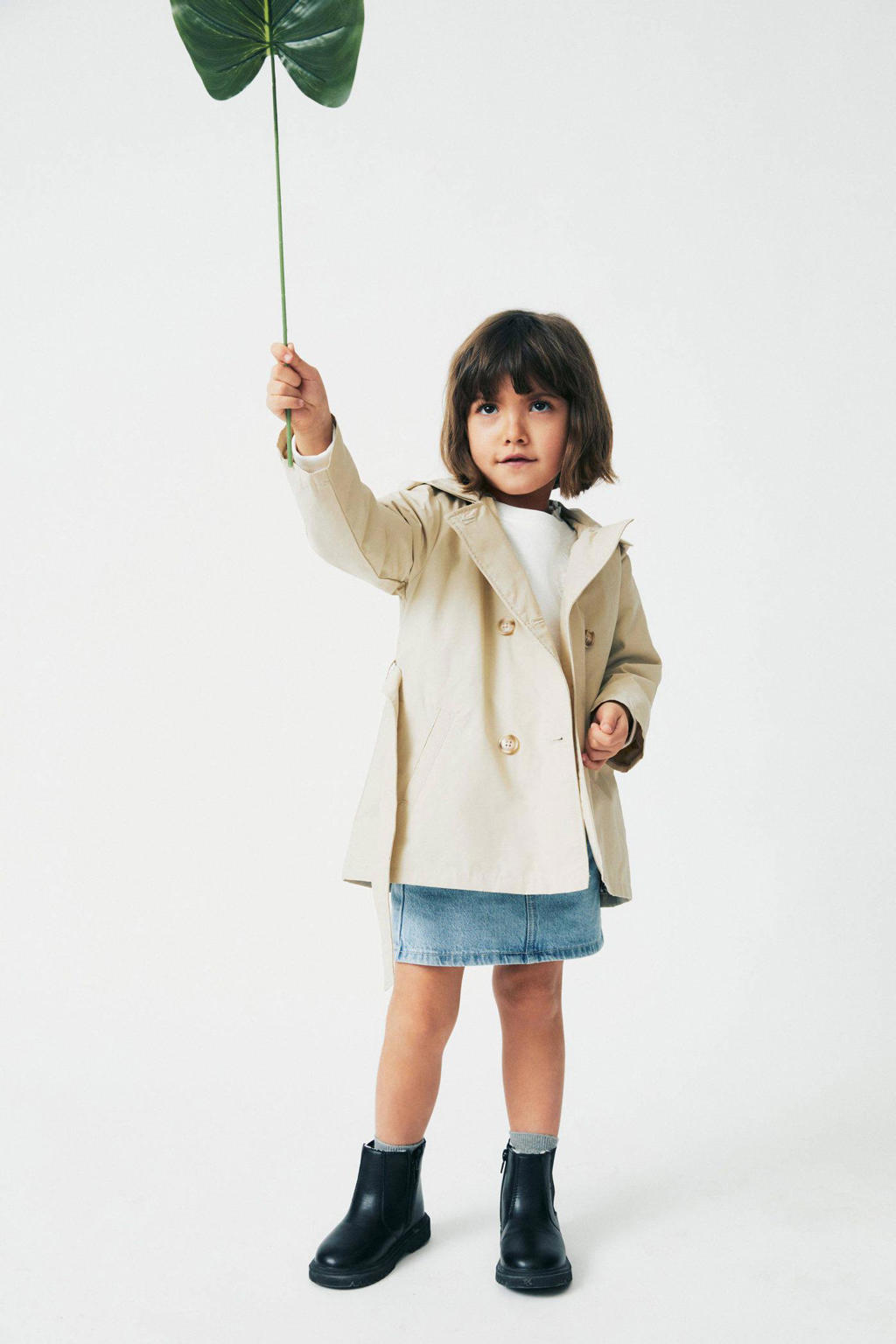 Beige meisjes Mango Kids coat zomer van katoen met effen, lange mouwen, vierkante hals en knoopsluiting