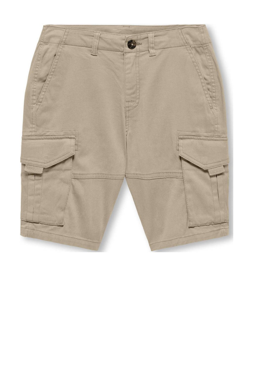 Beige jongens KIDS ONLY BOY cargo short van stretchkatoen met relaxed, rits- en knoopsluiting en effen