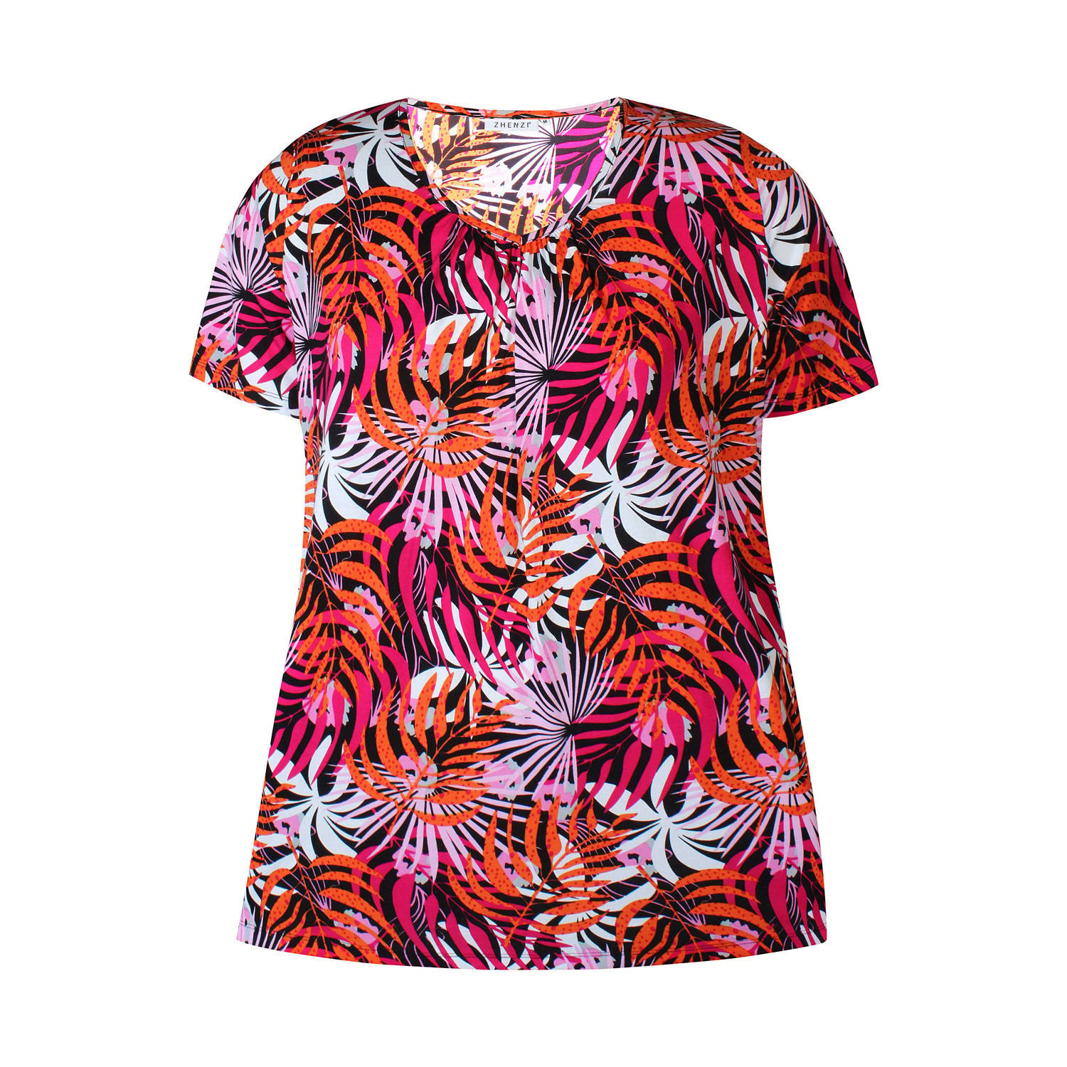 Zhenzi blousetop met all over print en plooien roze oranje ecru