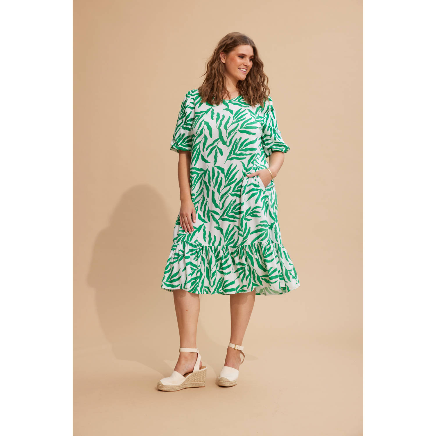 Zhenzi A-lijn jurk met all over print groen wit