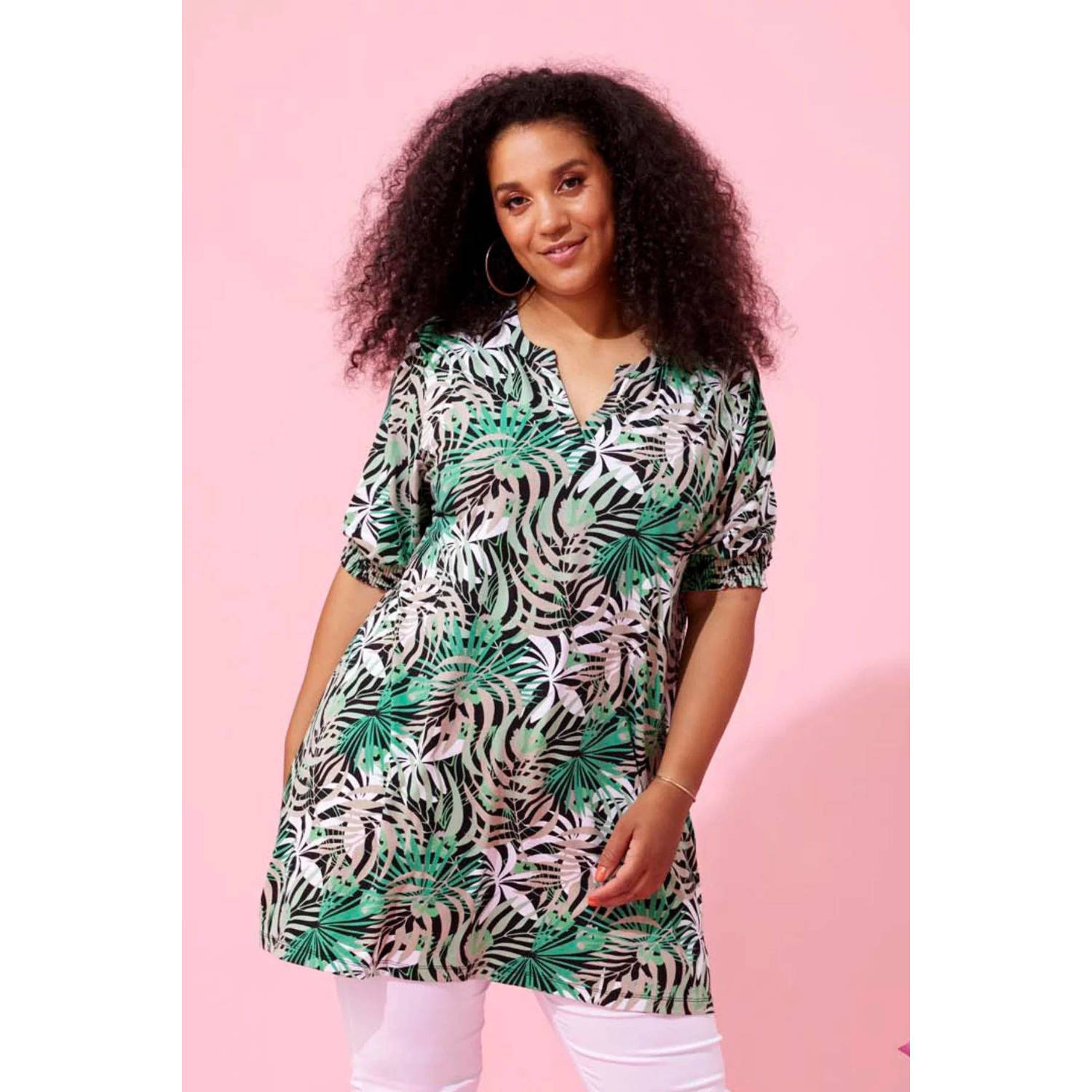 Zhenzi tuniek met all over print groen zwart beige