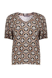 thumbnail: Zwart, oranje en ecru dames Geisha T-shirt van viscose met korte mouwen en V-hals