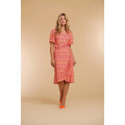 thumbnail: Oranje, fuchsia en ecru dames Geisha T-shirt van viscose met korte mouwen en V-hals