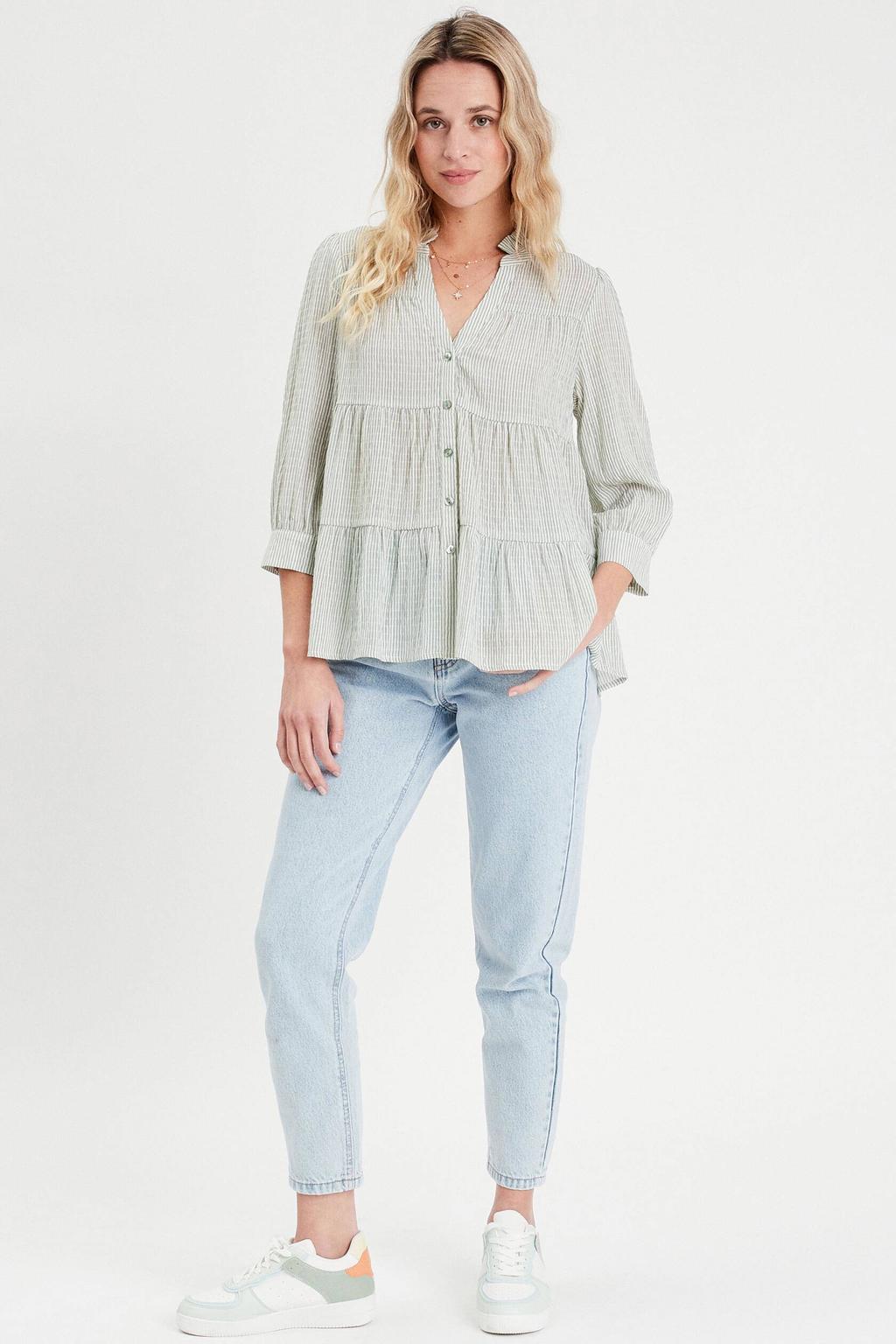 Grijsgroene dames Cache Cache blouse groen van polyester met effen, half lange mouwen, V-hals en knoopsluiting