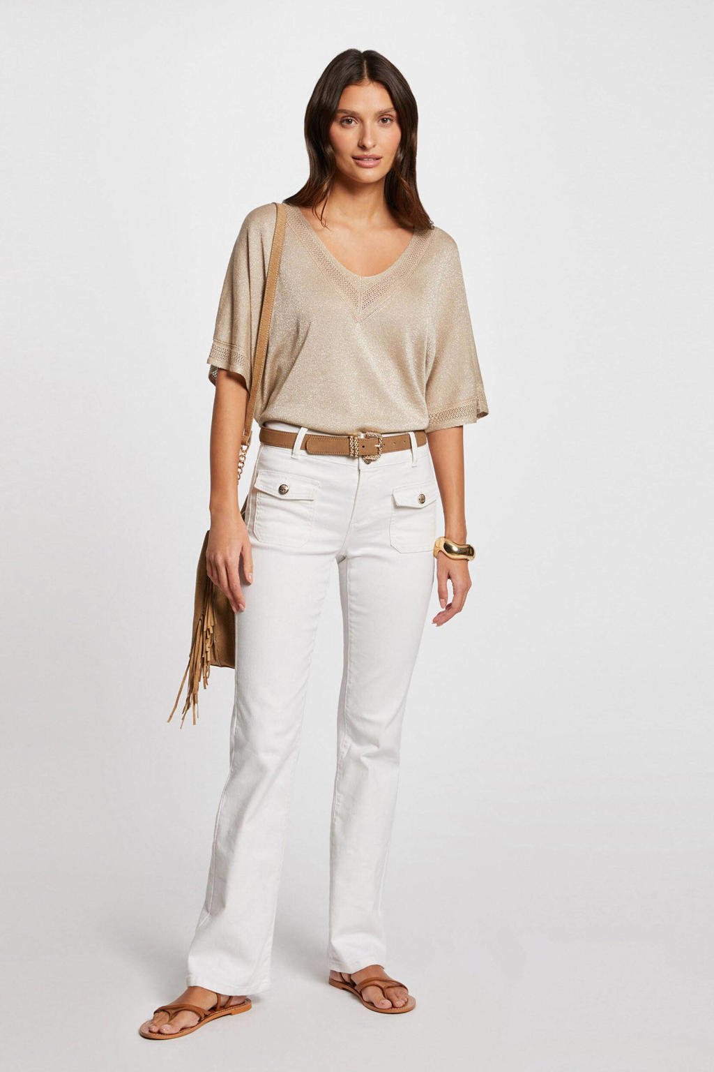 Beige dames Morgan semi-transparante top van viscose met effen, korte mouwen, V-hals en glitters