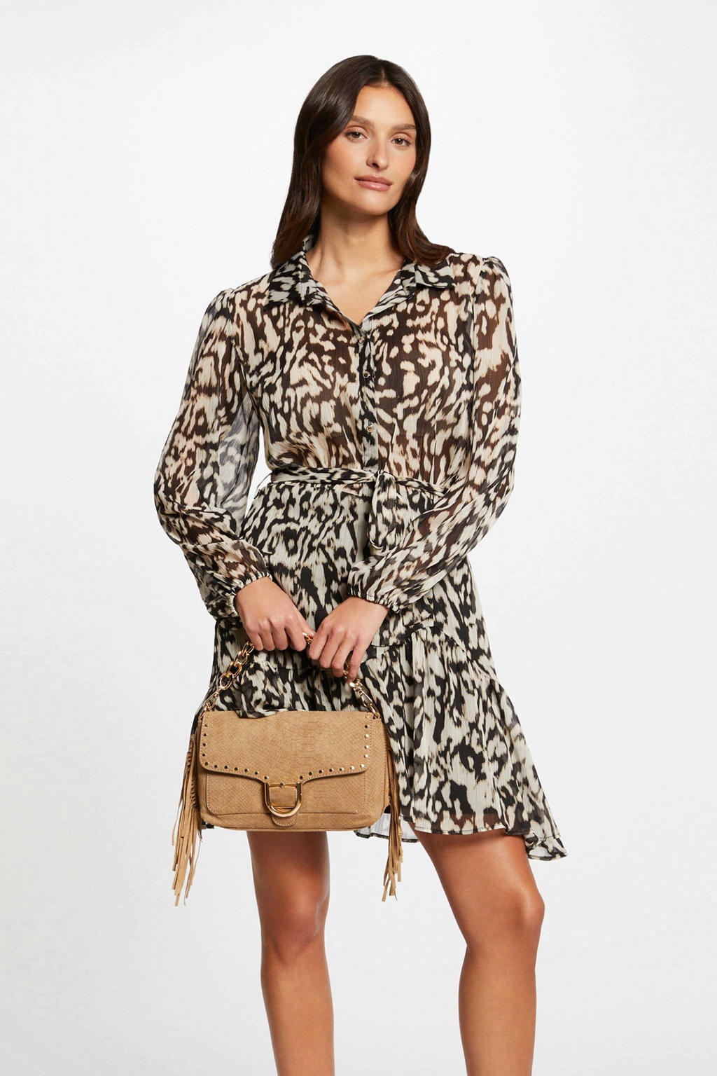 Zwarte Blousejurk van Mousseline met Riem en Knoopjes Zwarte Blousejurk van Mousseline met Riem en Knoopjes