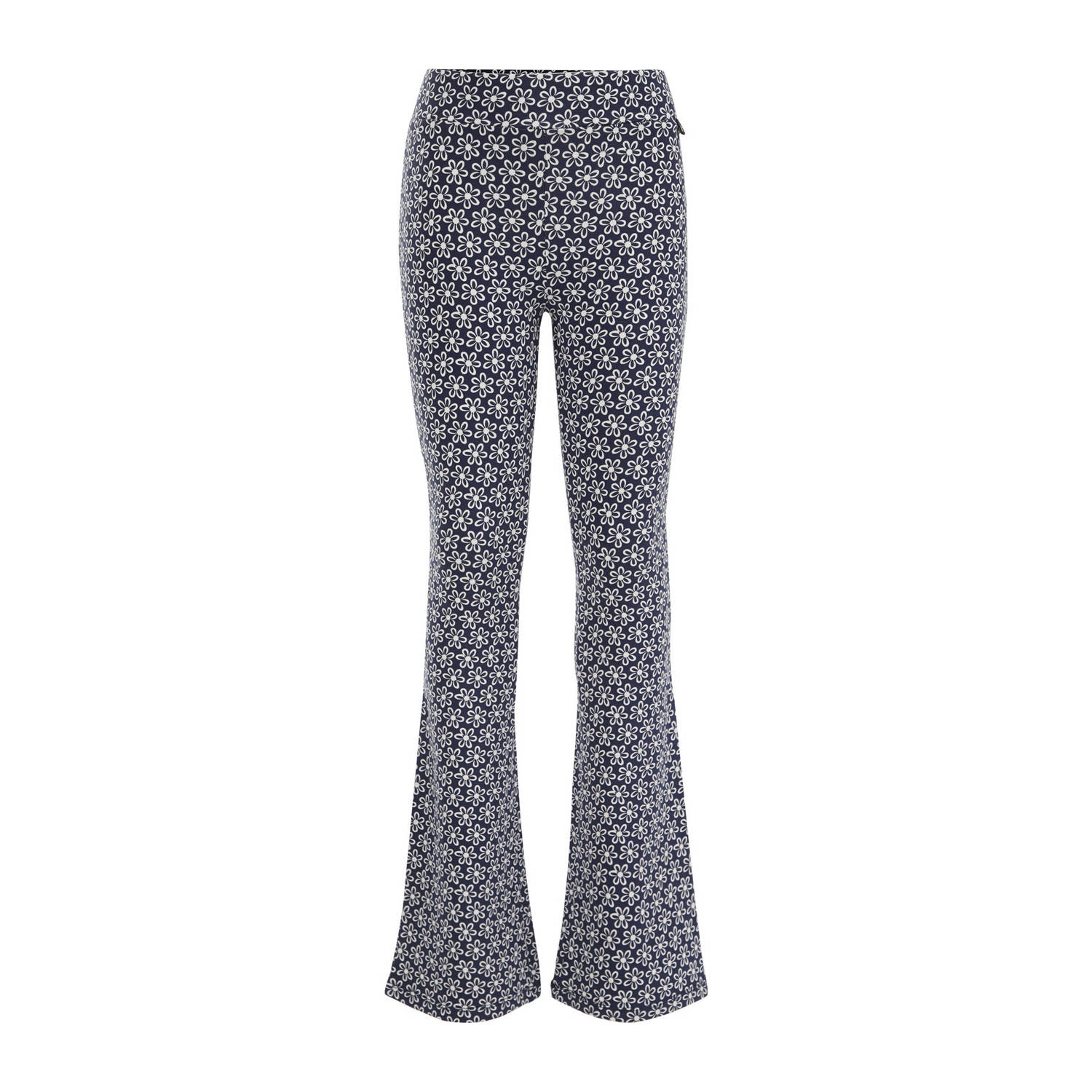 WE Fashion gebloemde flared broek donkerblauw wit Meisjes Viscose Bloemen 104