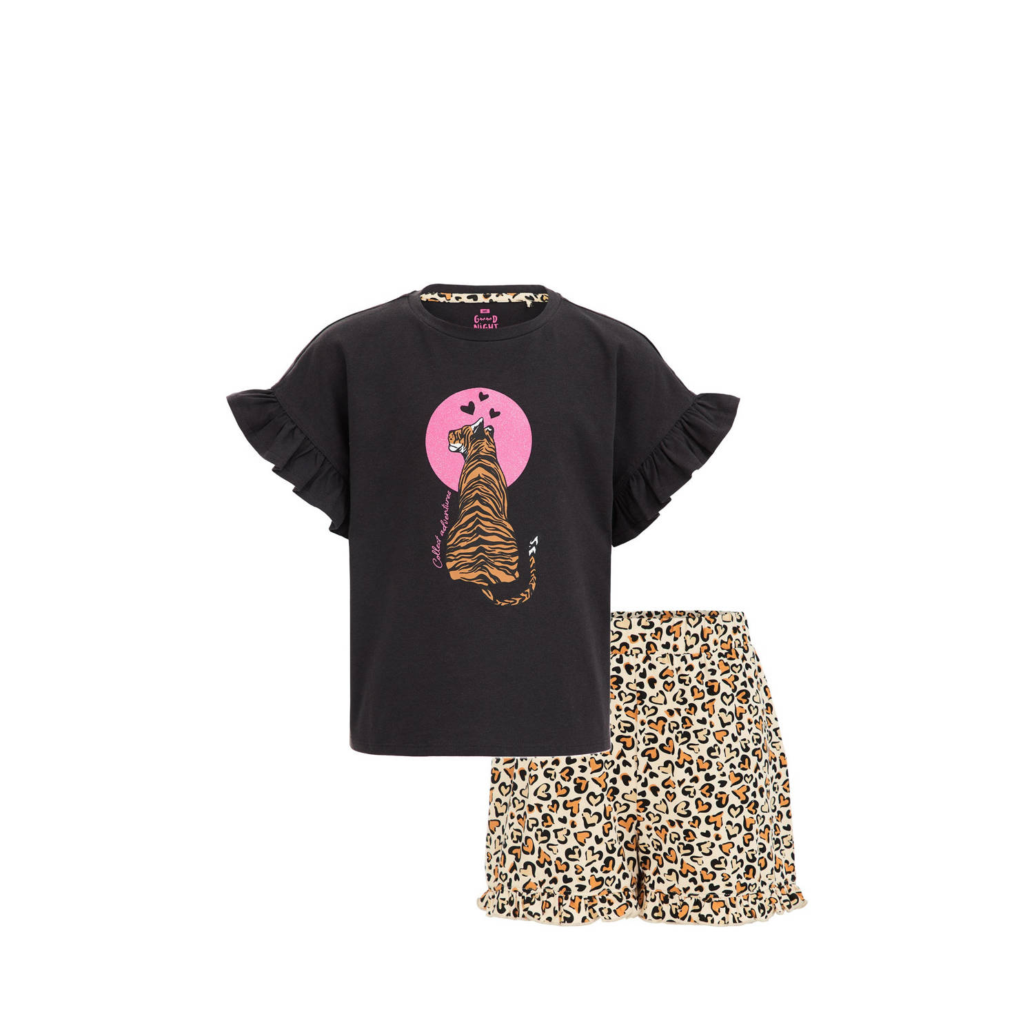 WE Fashion pyjama met all over print zwart bruin roze T-shirt Multi Meisjes Stretchkatoen Ronde hals 134 140