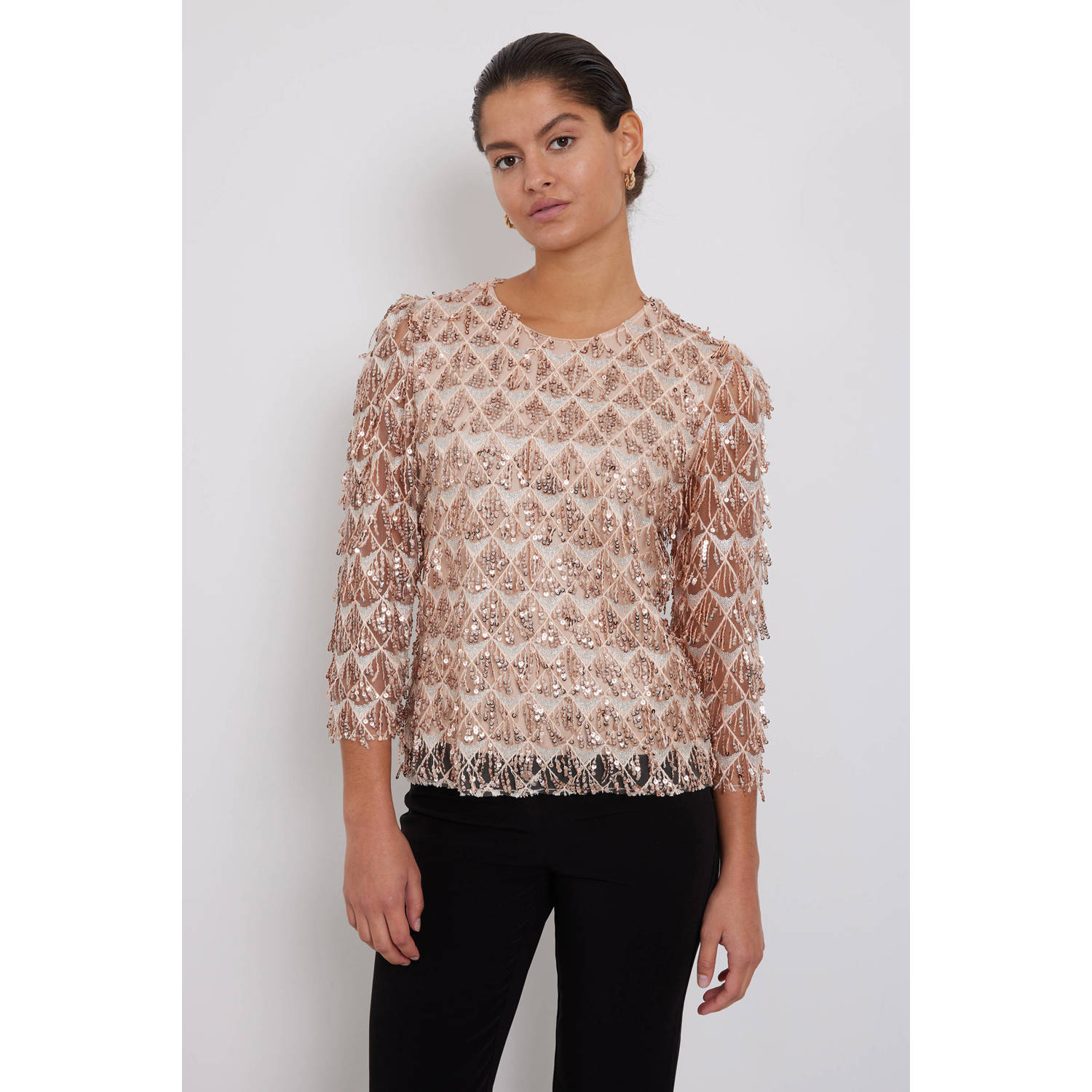 Bruuns Bazaar semi-transparante blousetop met pailletten zalm