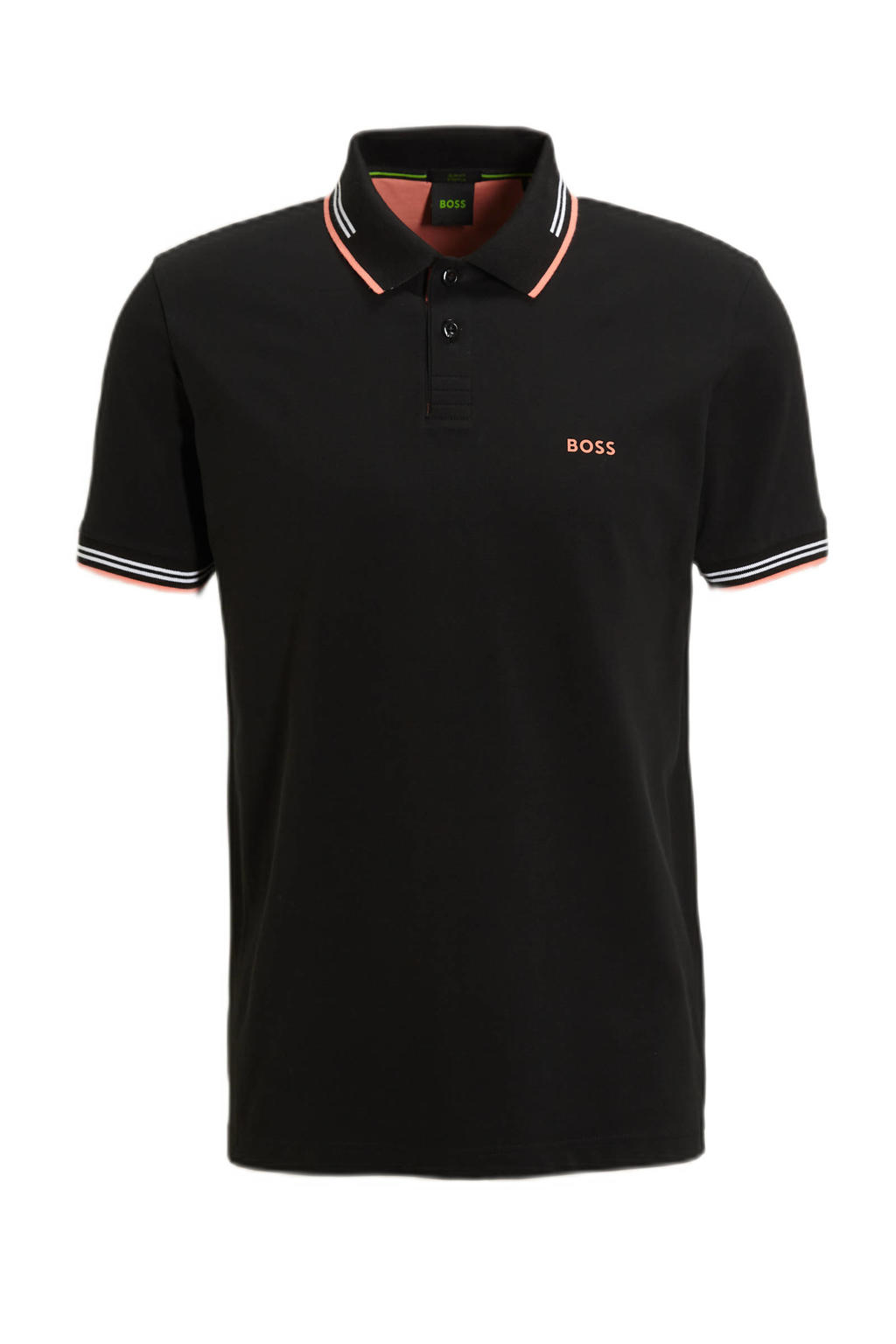 Zwarte heren BOSS polo Paul van katoen met logo dessin, korte mouwen, klassieke kraag en contrast bies