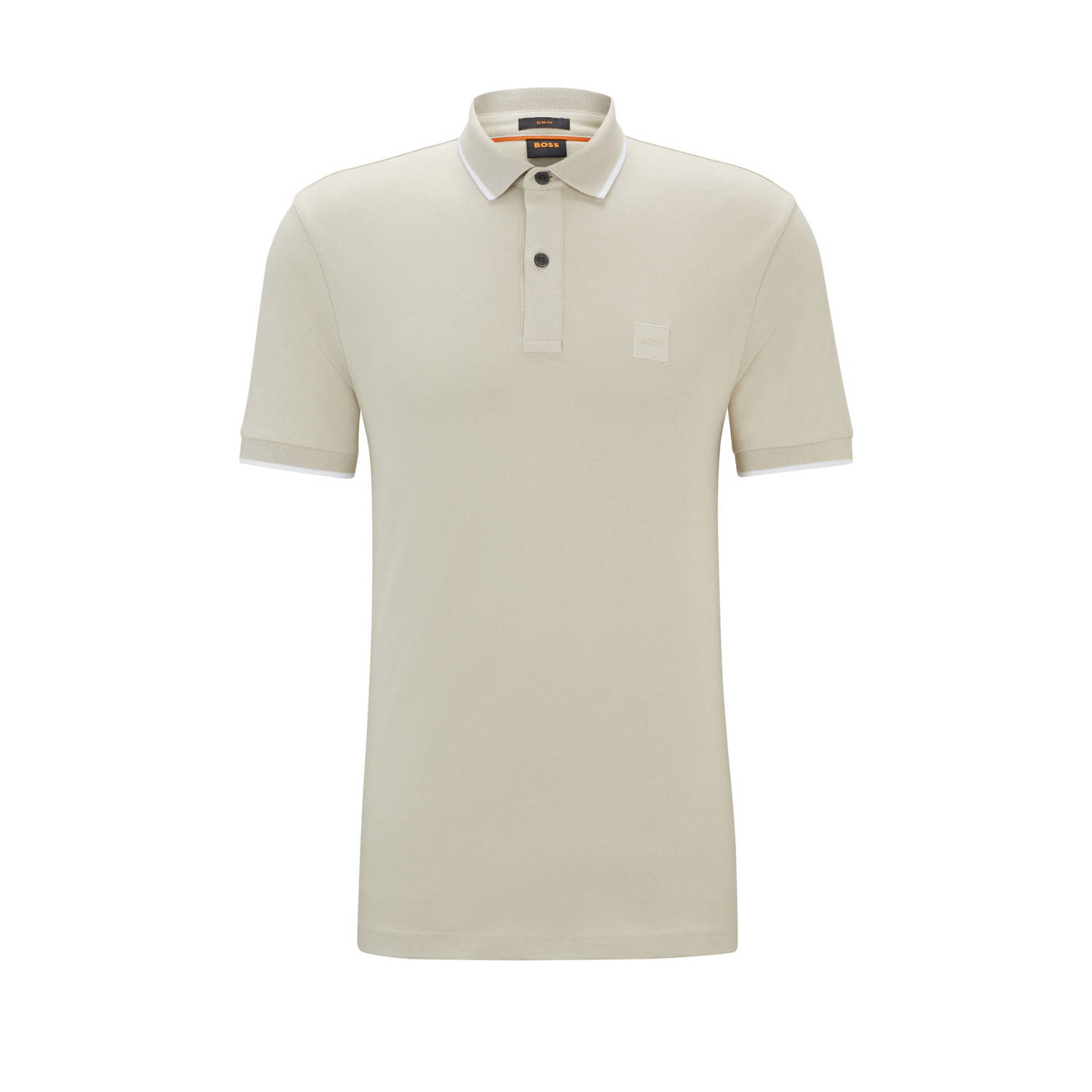 BOSS slim fit polo PASSERTIP met contrastbies light beige