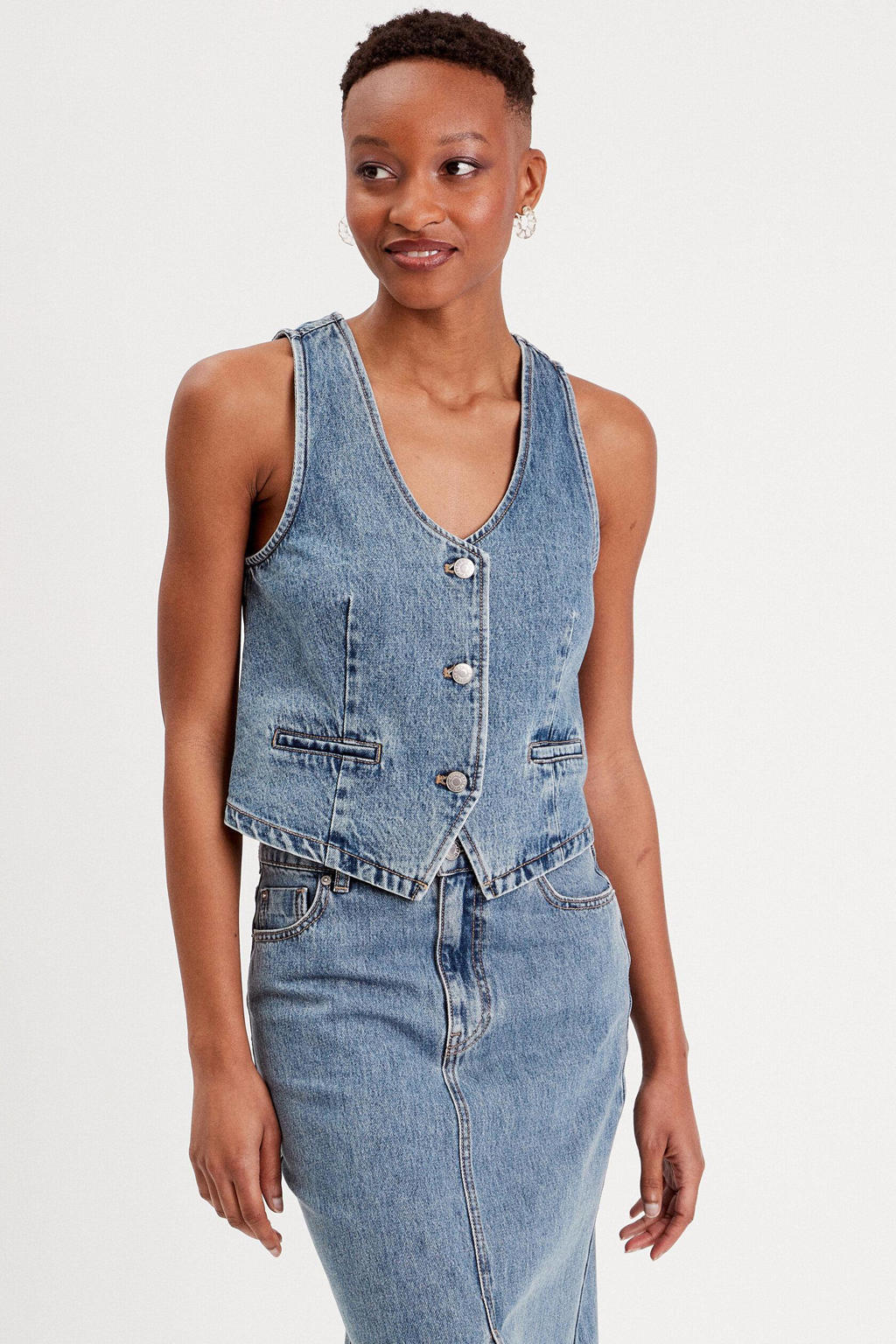 Stonewashed dames Cache Cache gilet van denim met effen, V-hals en knoopsluiting