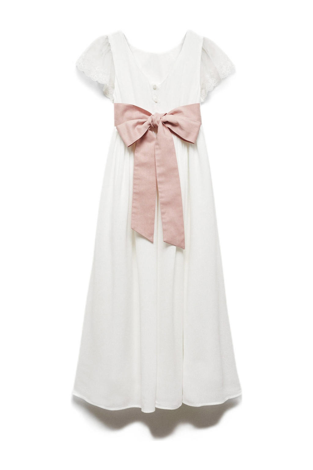 Witte meisjes Mango Kids maxi jurk van viscose met effen, korte mouwen, ronde hals en knoopsluiting