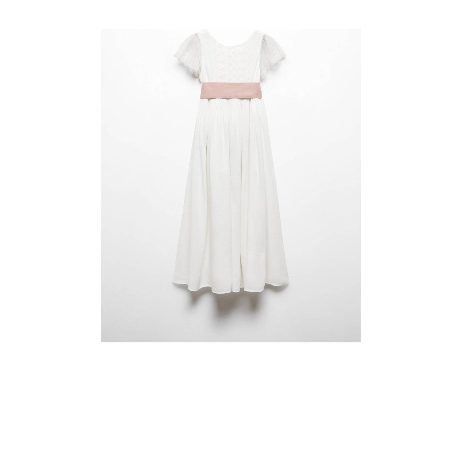 Mango Kids maxi jurk wit roze Meisjes Viscose Ronde hals Effen 134