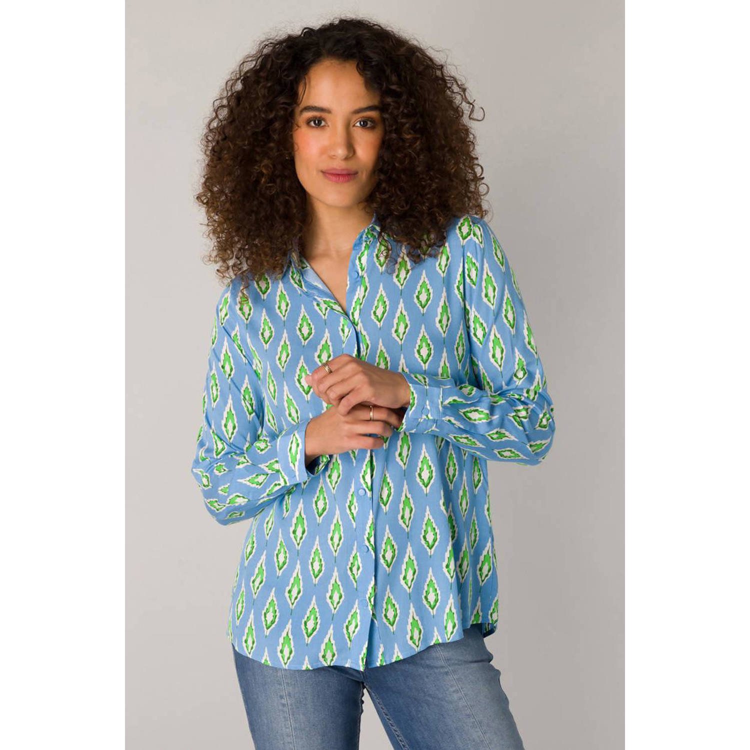 ES&SY blouse met all over print lichtblauw groen